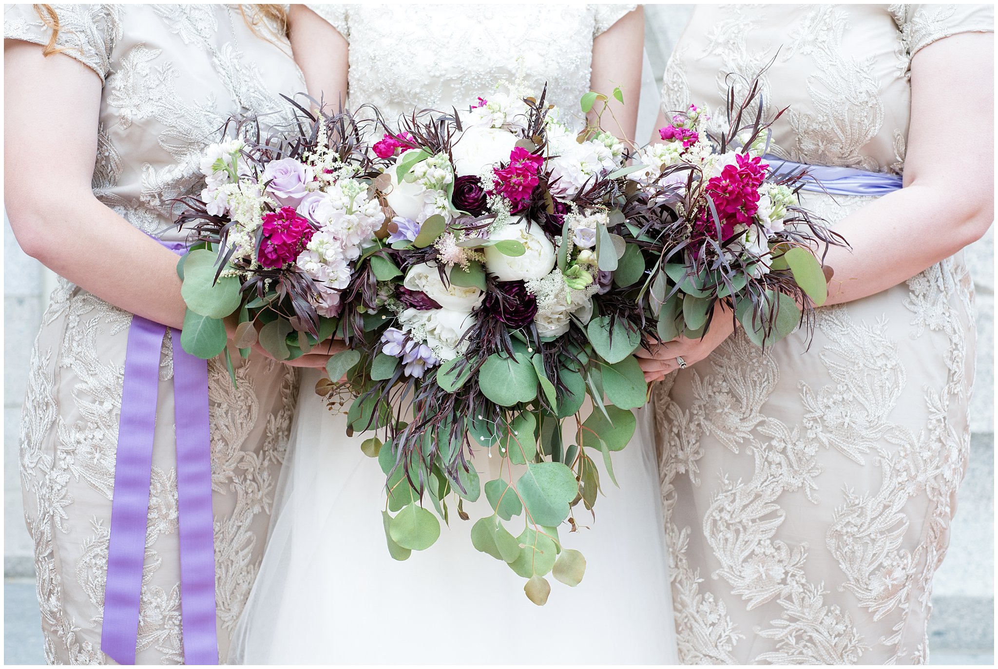 Modern soft green, white and fushia wedding bouquet detail picture