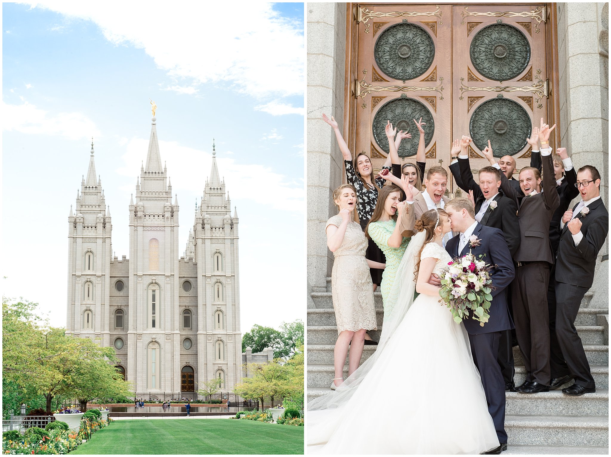 Salt Lake temple summer wedding | bridal party cheering at the salt lake temple