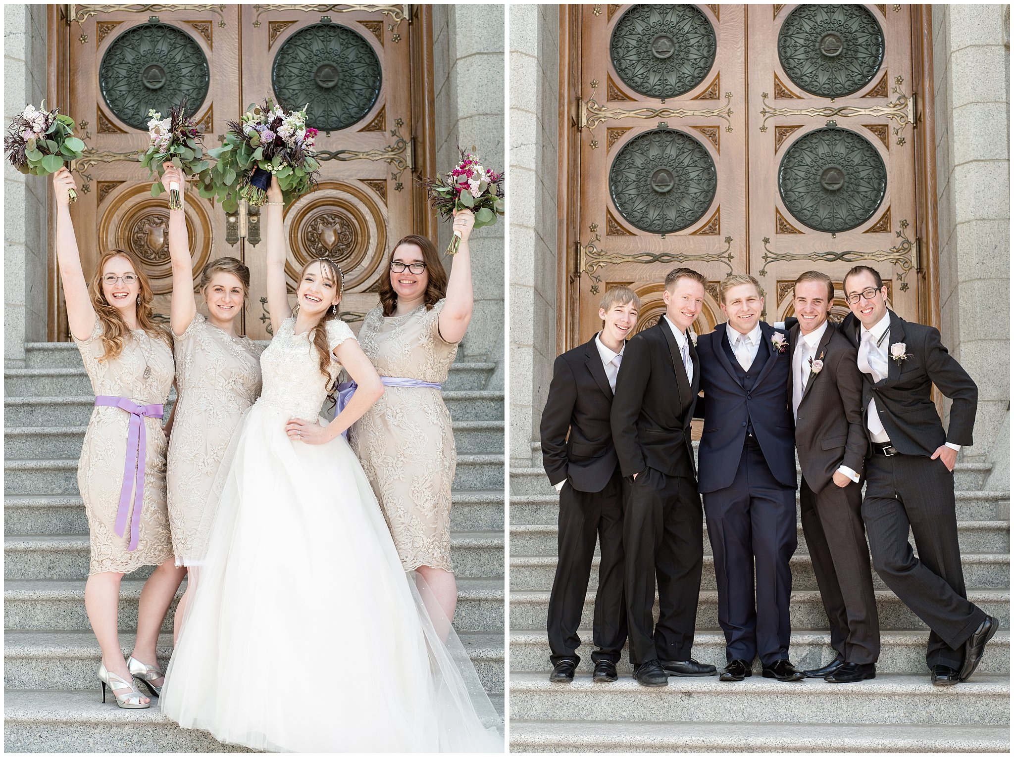 Bridal party on the steps of the Salt Lake Temple | Bridesmaids and Groomsmen | Jessie and Dallin Photography
