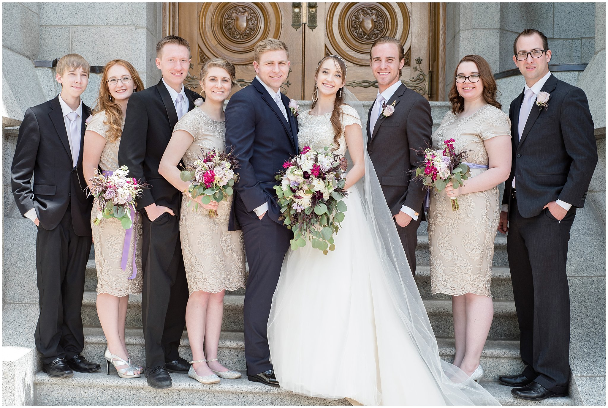 Bridal Party on the steps of the Salt Lake Temple | Utah Wedding Photography | Jessie and Dallin Photography