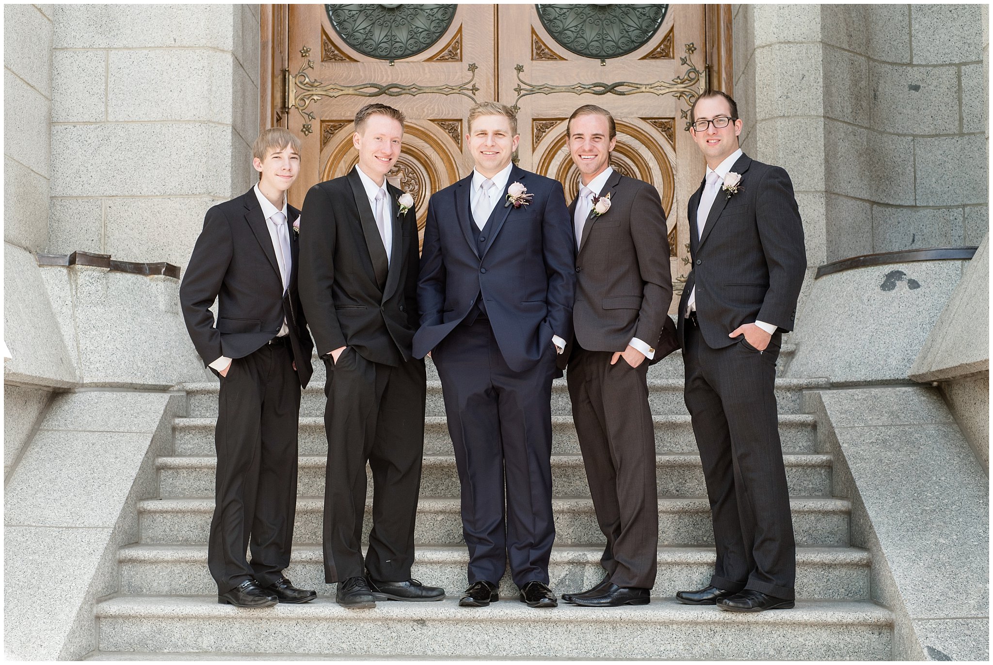groom and groomsmen on steps of Salt Lake Temple | Groomsmen pictures | Jessie and Dallin Photography