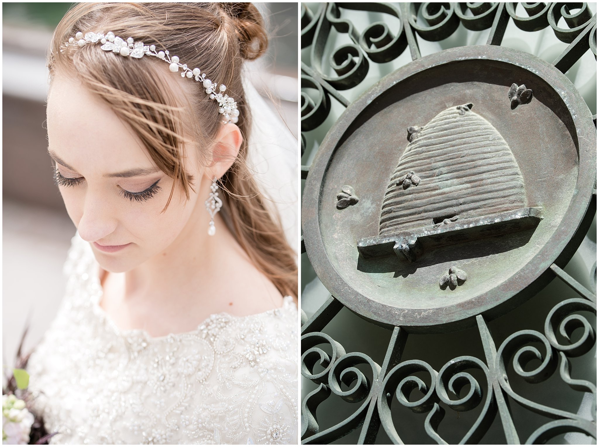 Salt Lake temple wedding details | Bride headband and dress details | Jessie and Dallin Photography