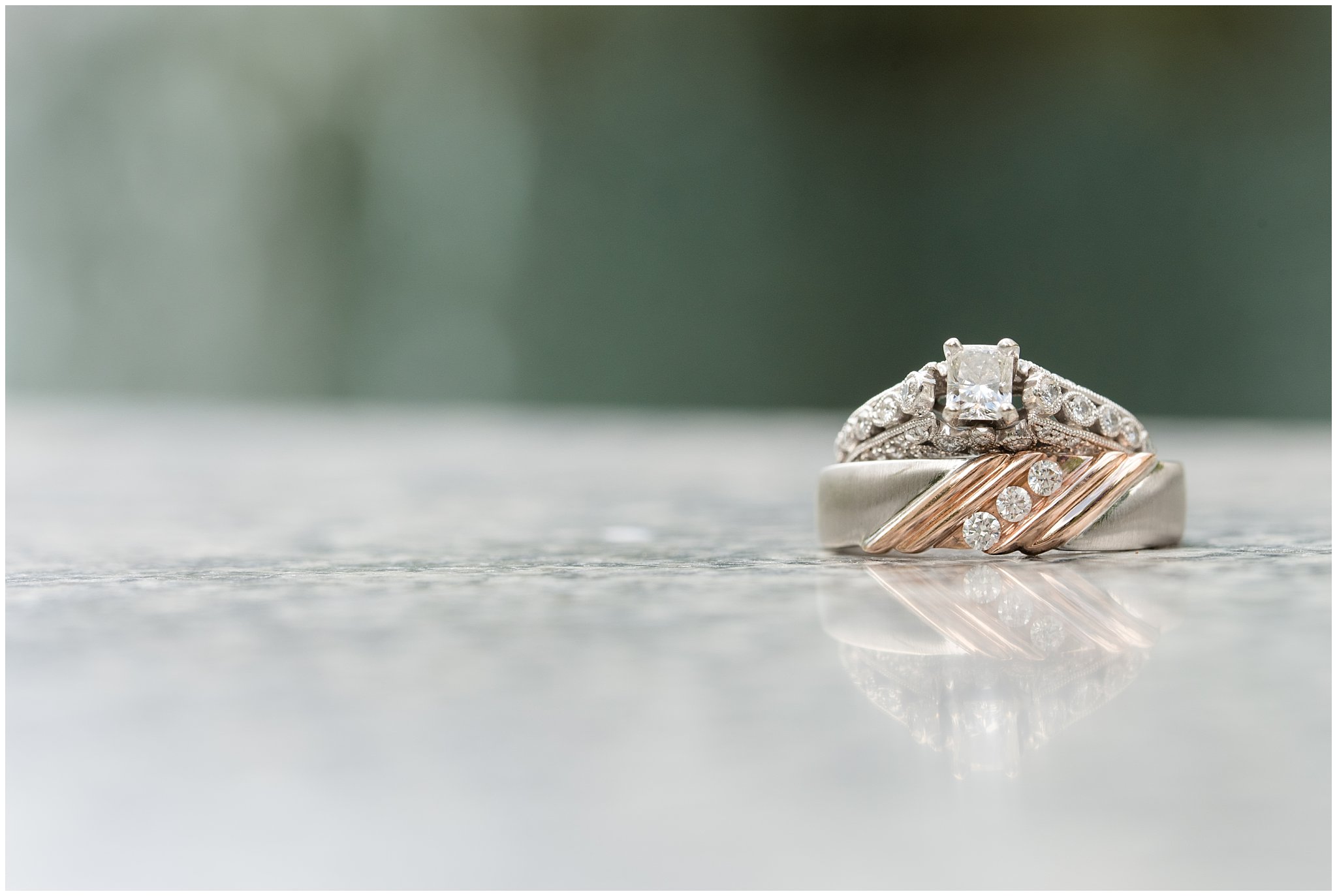Wedding ring detail shot on marble and granite | Jessie and Dallin Photography