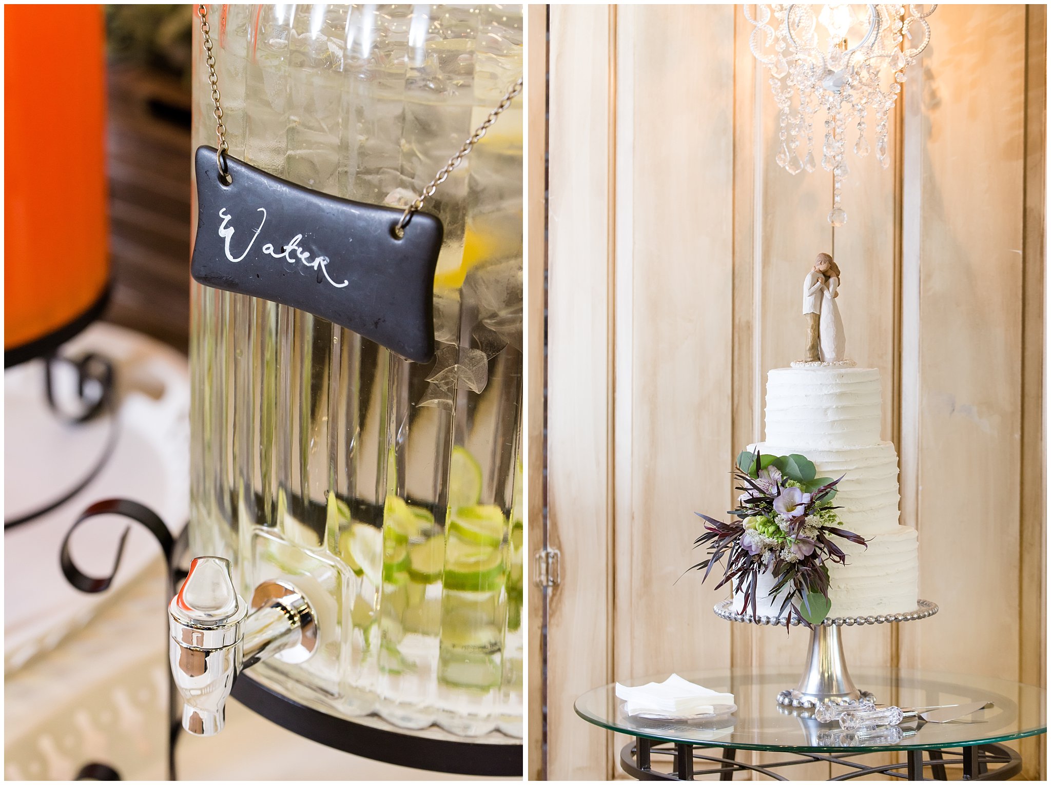 Wedding cake and water dispenser details | Wedding reception details | Jessie and Dallin Photography