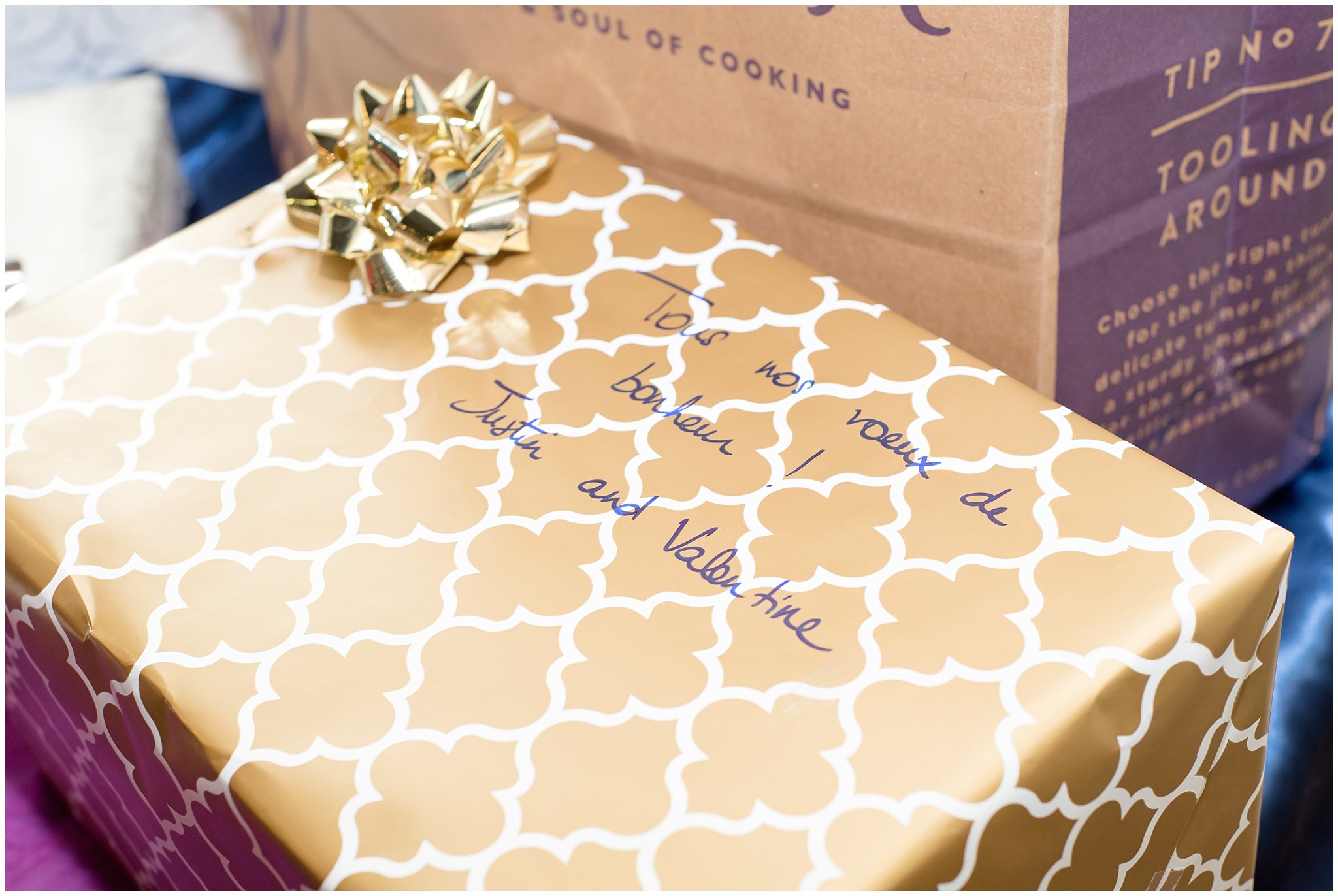 Wedding gifts close up detail shot | French writing | The Grand View | Jessie and Dallin