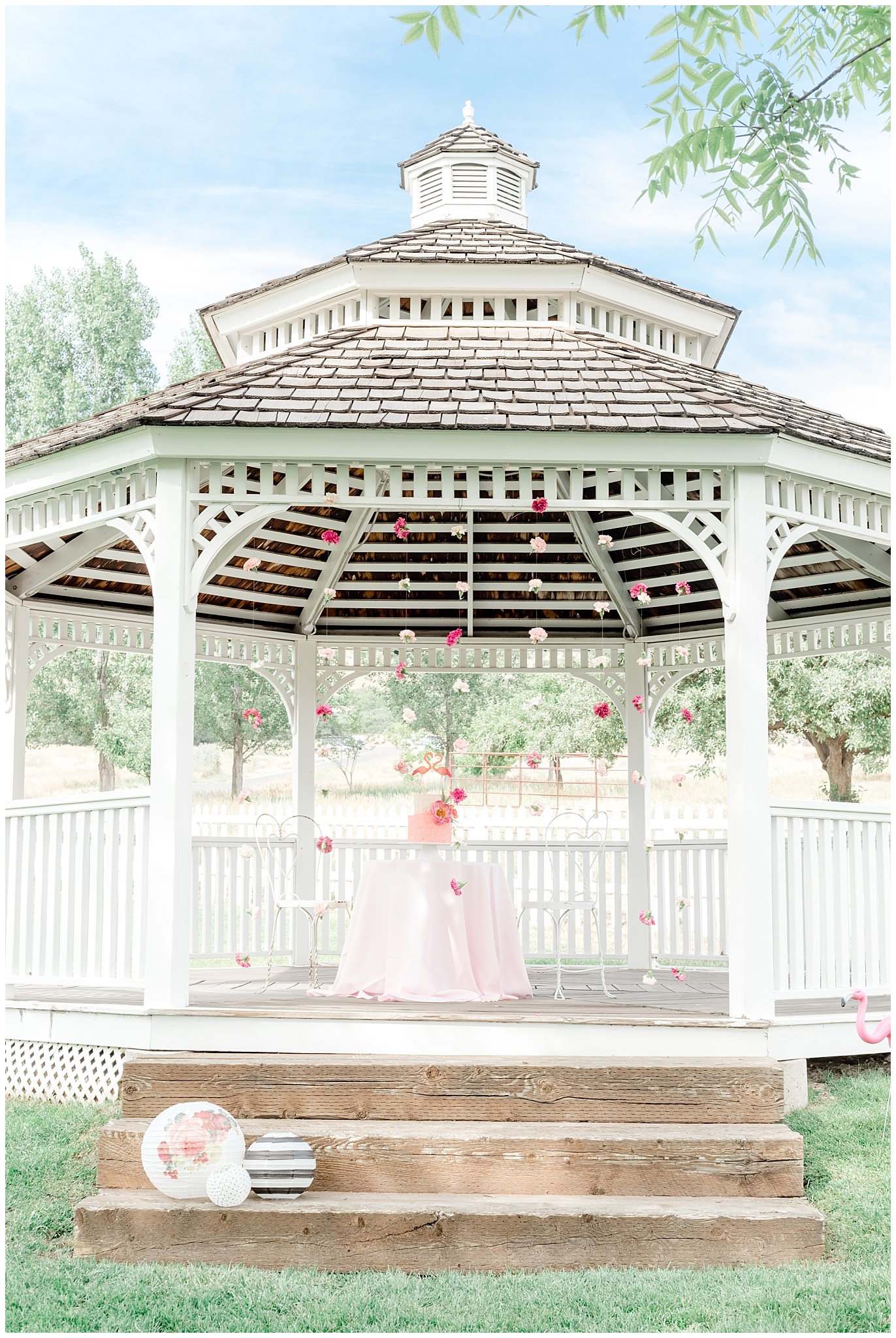 Gazebo with Flamingo summer wedding decorations | This is the Place Heritage Park | Green and Pink Garden Wedding | Jessie and Dallin Photography