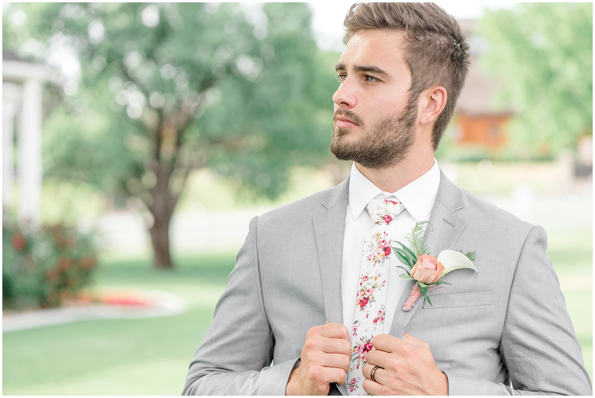 Groom in floral tie and grey suit | This is the Place Heritage Park | Green and Pink Garden Wedding | Jessie and Dallin Photography