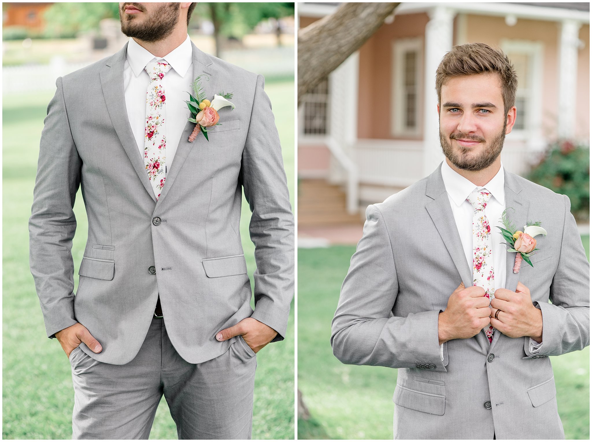 Groom in floral tie and grey suit | This is the Place Heritage Park | Green and Pink Garden Wedding | Jessie and Dallin Photography
