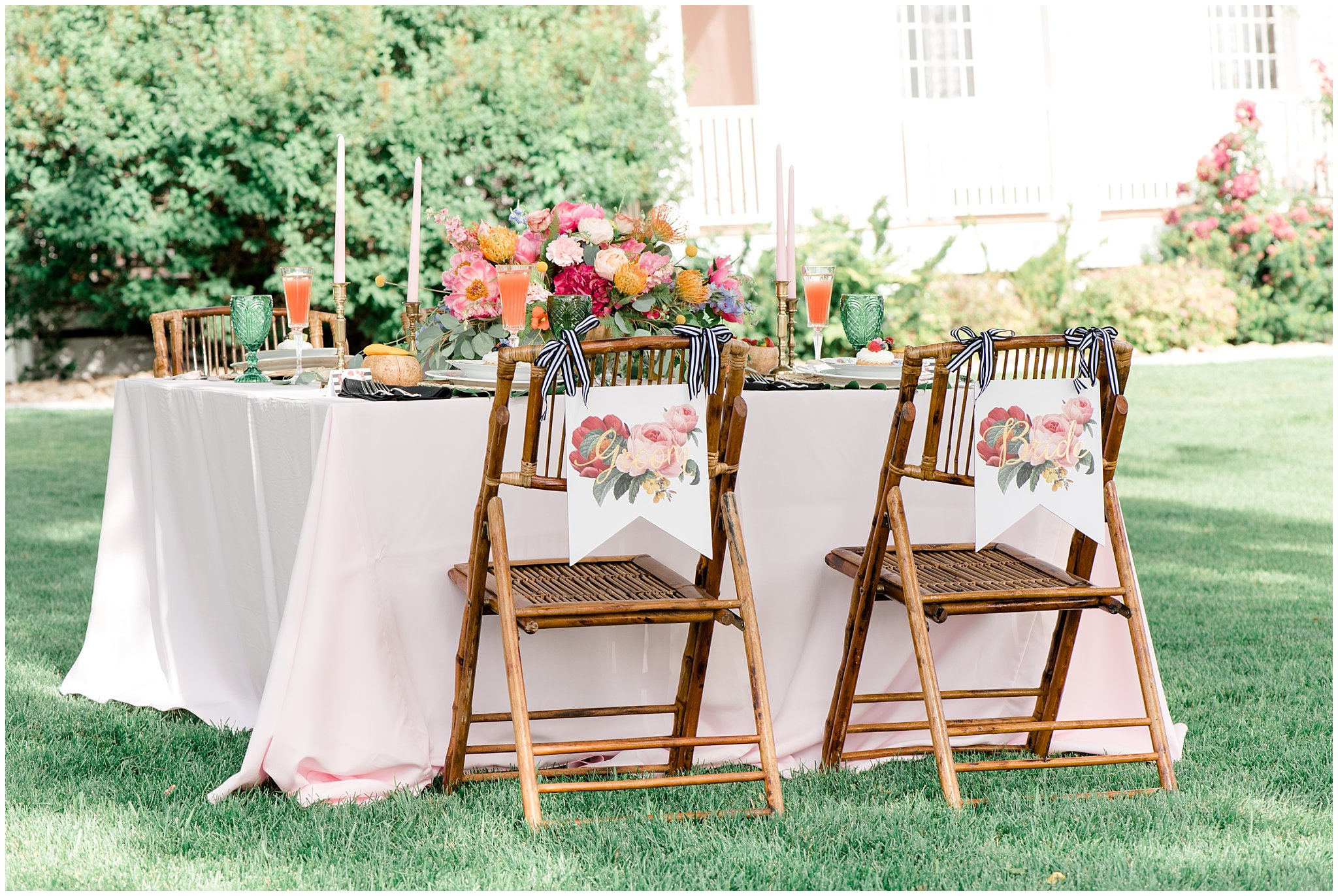Summer table setting at garden wedding | This is the Place Heritage Park | Green and Pink Garden Wedding | Jessie and Dallin Photography