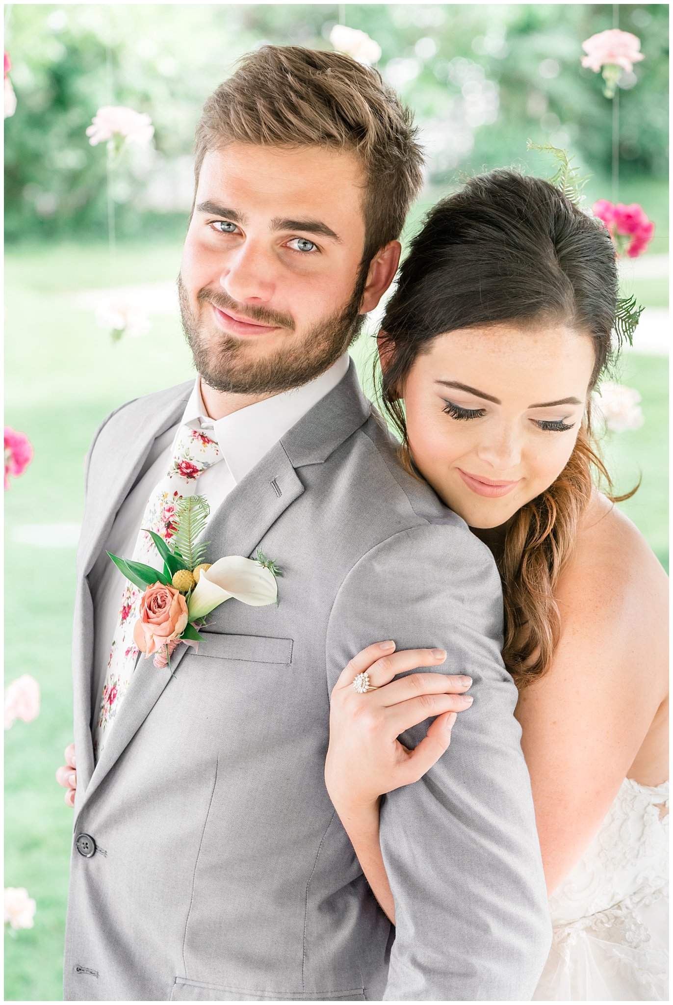Bride admiring groom | This is the Place Heritage Park | Green and Pink Garden Wedding | Jessie and Dallin Photography