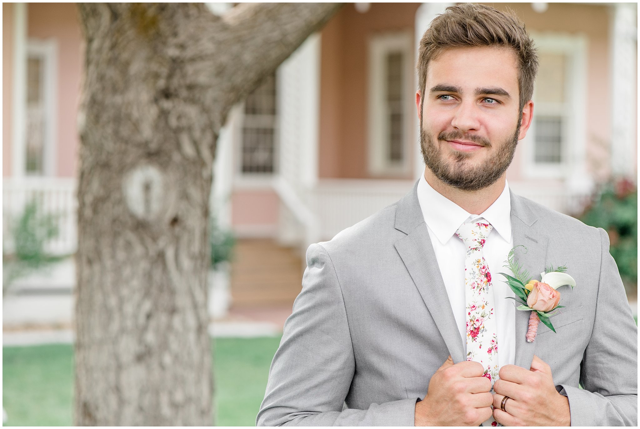 Groom in grey suit and floral tie | This is the Place Heritage Park | Green and Pink Garden Wedding | Jessie and Dallin Photography