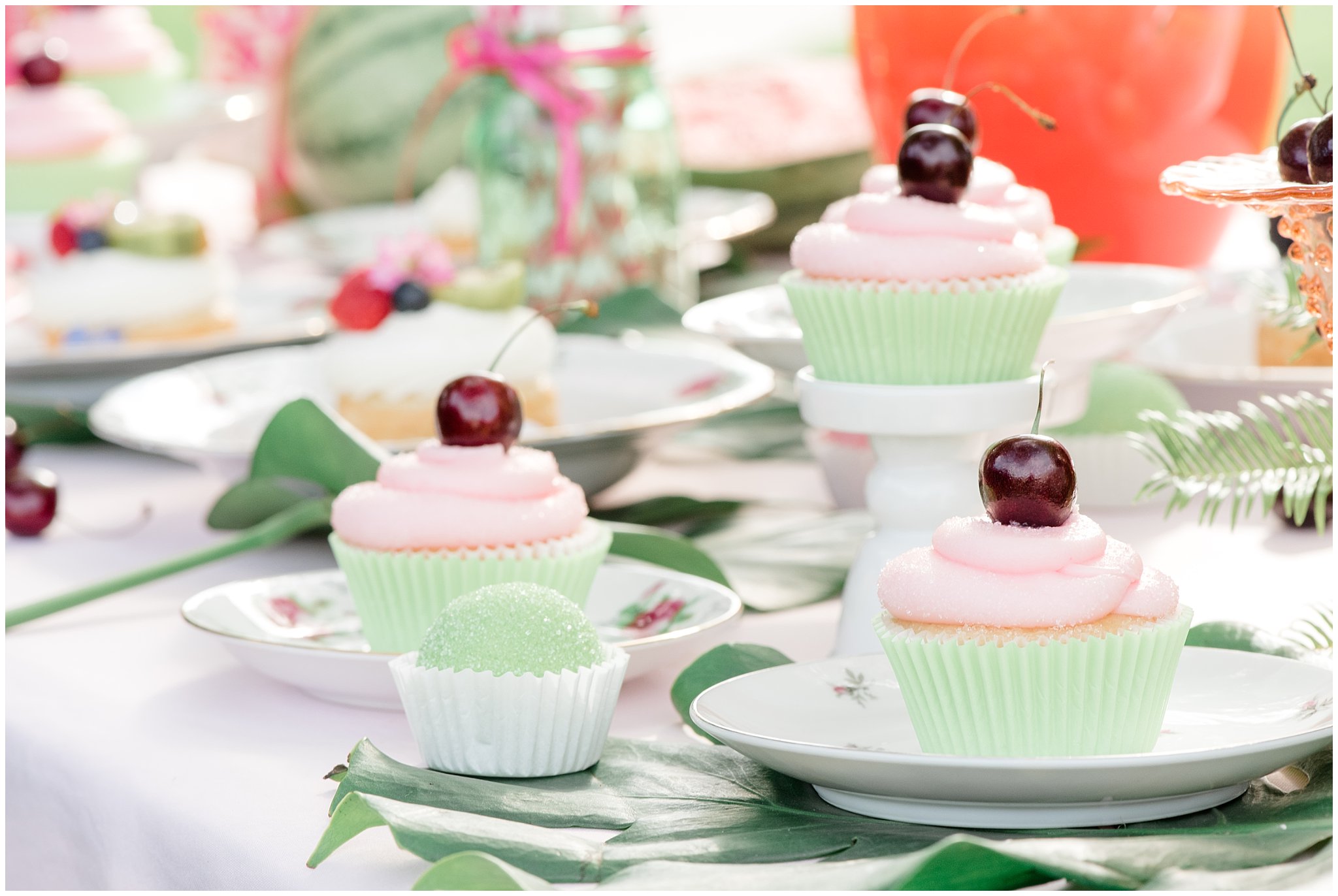Pink and green cupcakes with cherry on top | This is the Place Heritage Park | Green and Pink Garden Wedding | Jessie and Dallin Photography