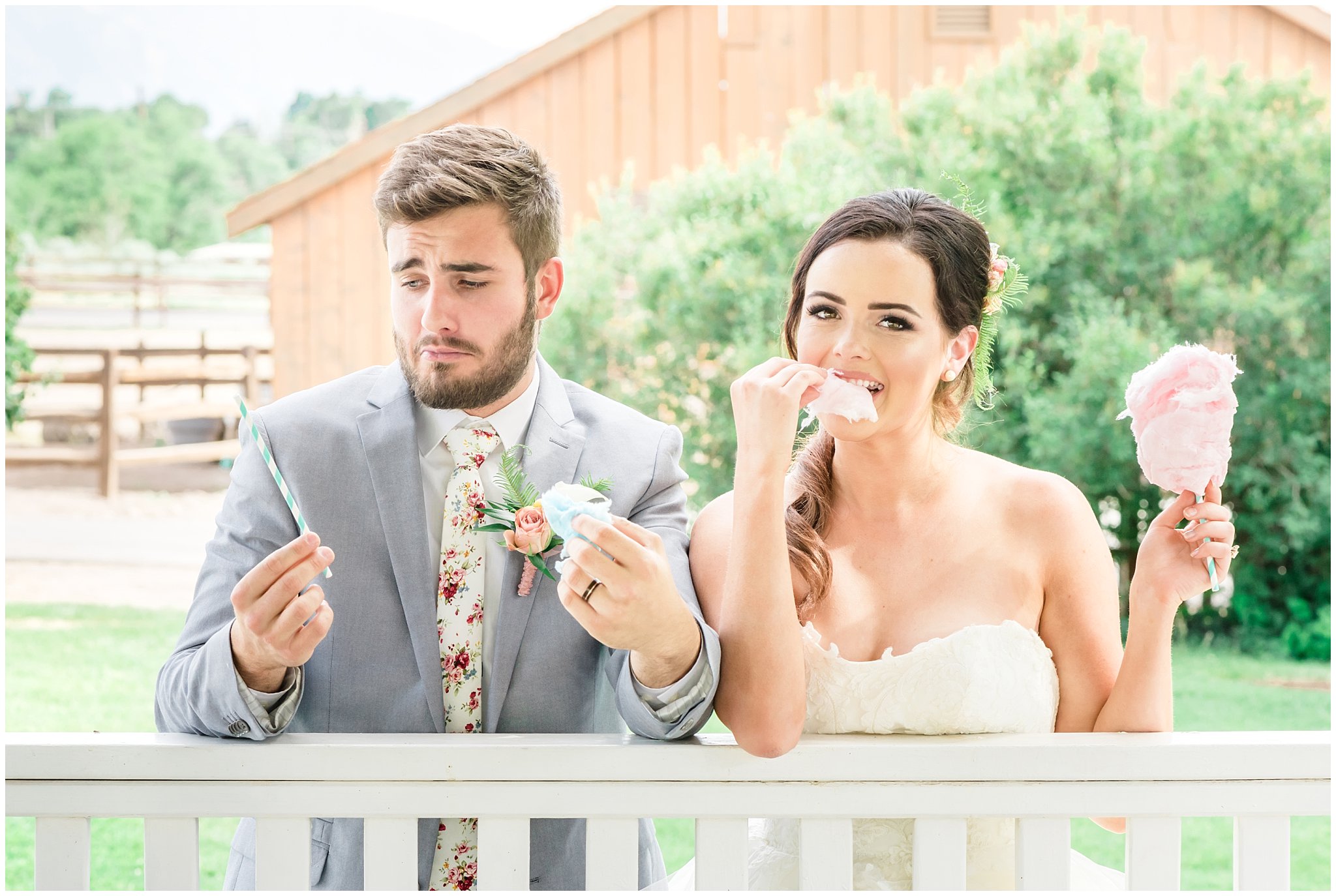 Bride and groom eating cotton candy | This is the Place Heritage Park | Green and Pink Garden Wedding | Jessie and Dallin Photography