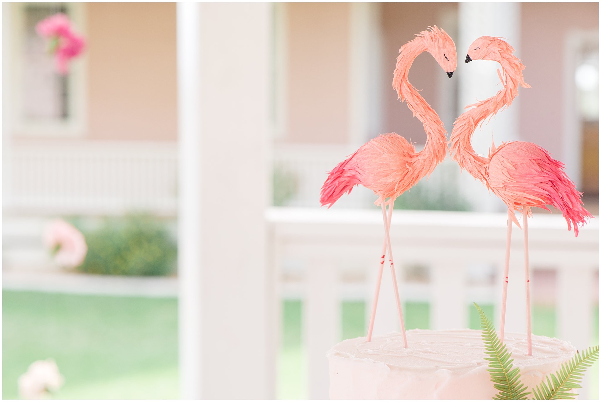 Pink flamingo cake topper | This is the Place Heritage Park | Green and Pink Garden Wedding | Jessie and Dallin Photography