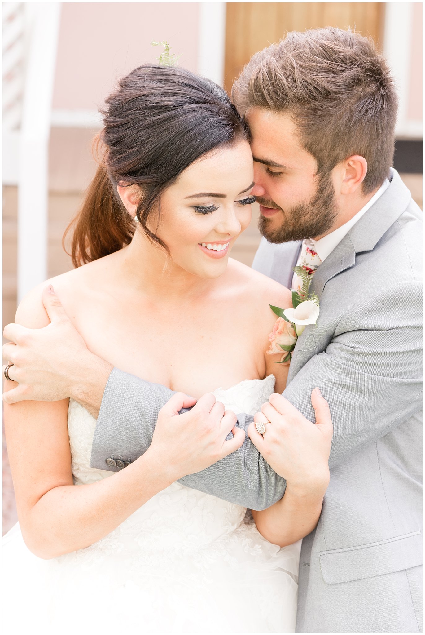 Bride and groom embracing | This is the Place Heritage Park | Green and Pink Garden Wedding | Jessie and Dallin Photography