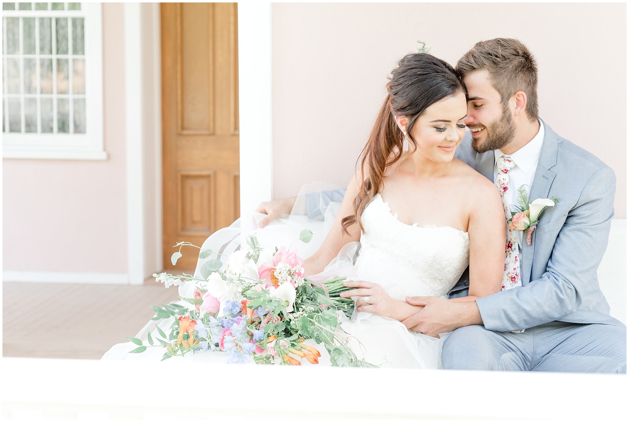 Bride and groom snuggling | This is the Place Heritage Park | Green and Pink Garden Wedding | Jessie and Dallin Photography