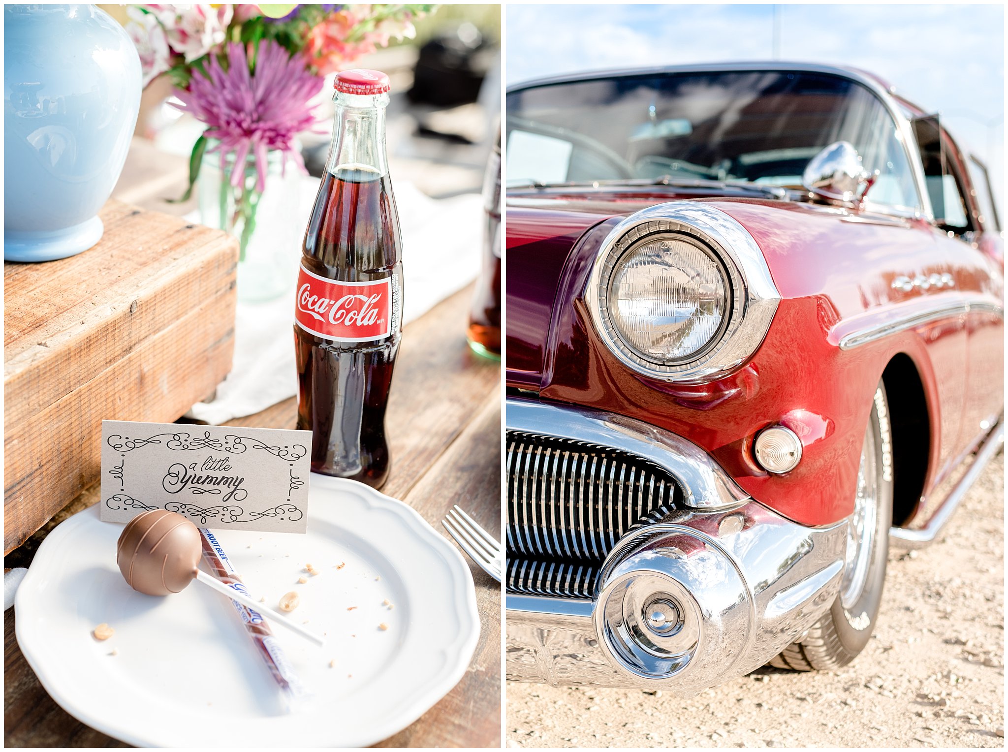 Vintage classic car, coke bottle, cake pop wedding decor details in Utah | Jessie and Dallin Photography | Utah Wedding Photographers