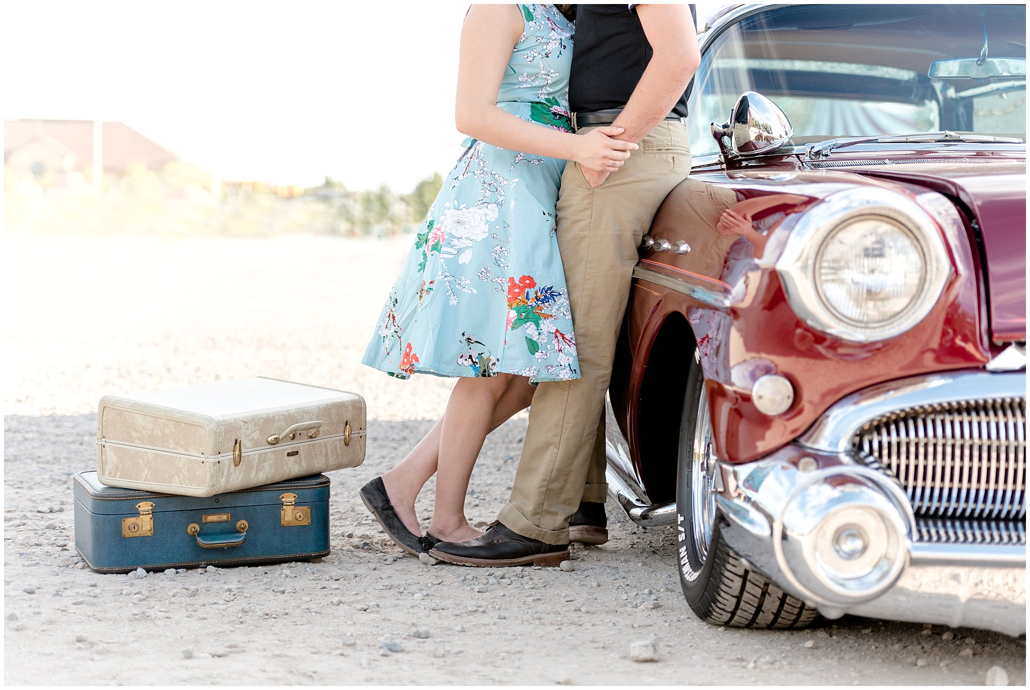 Detail shot of couple standing next to 1950's classic car and vintage suitcases during their engagement session in Utah | Jessie and Dallin Photography | Utah Wedding Photographers