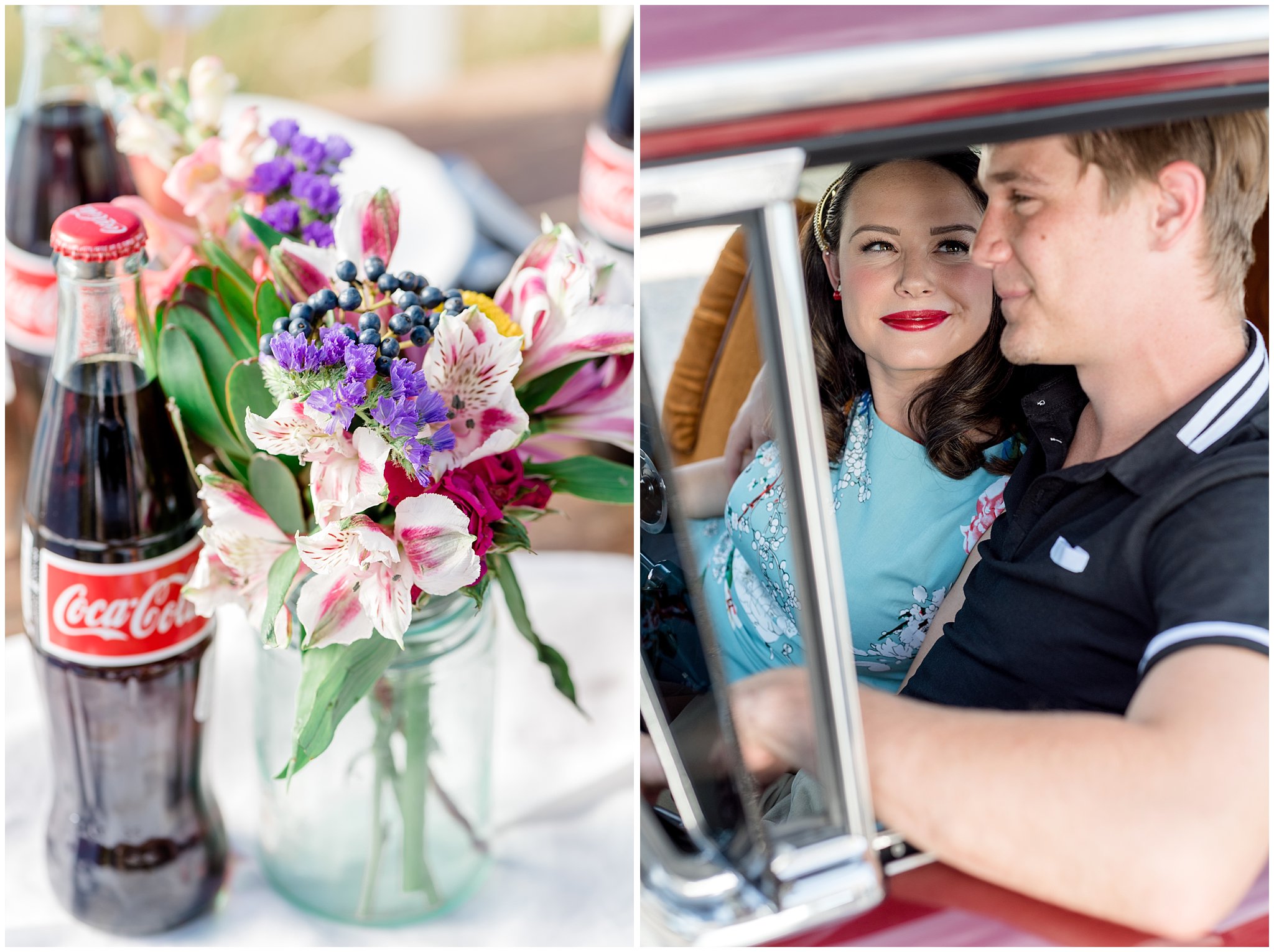 Couple in 1950's classic car and table setting flowers and Coke bottle detail shot in Utah | Jessie and Dallin Photography | Utah Wedding Photographers