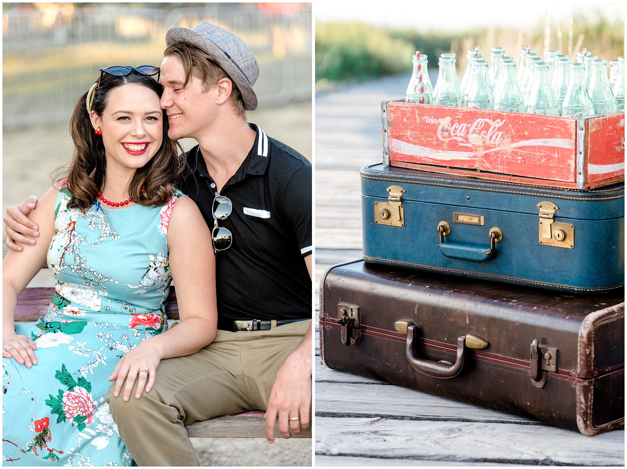 Couple at the state fair during their engagement session and vintage suitcases with vintage Coke bottles for decor in Utah | Jessie and Dallin Photography | Utah Wedding Photographers