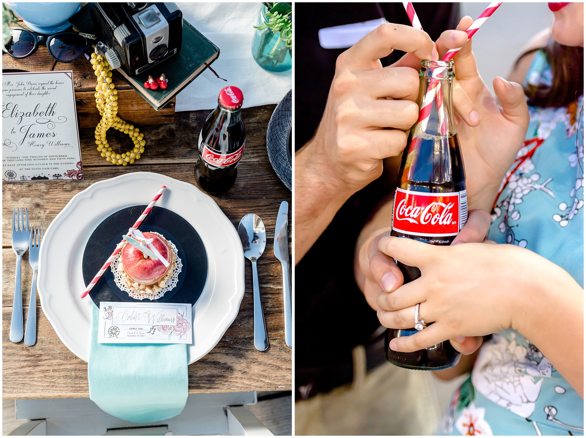 Farmhouse table setup with Coke bottles, caramel apples, and couple holding a Coca-Cola that they are sharing during their engagement session in Utah. | Jessie and Dallin Photography | Utah Wedding Photographers