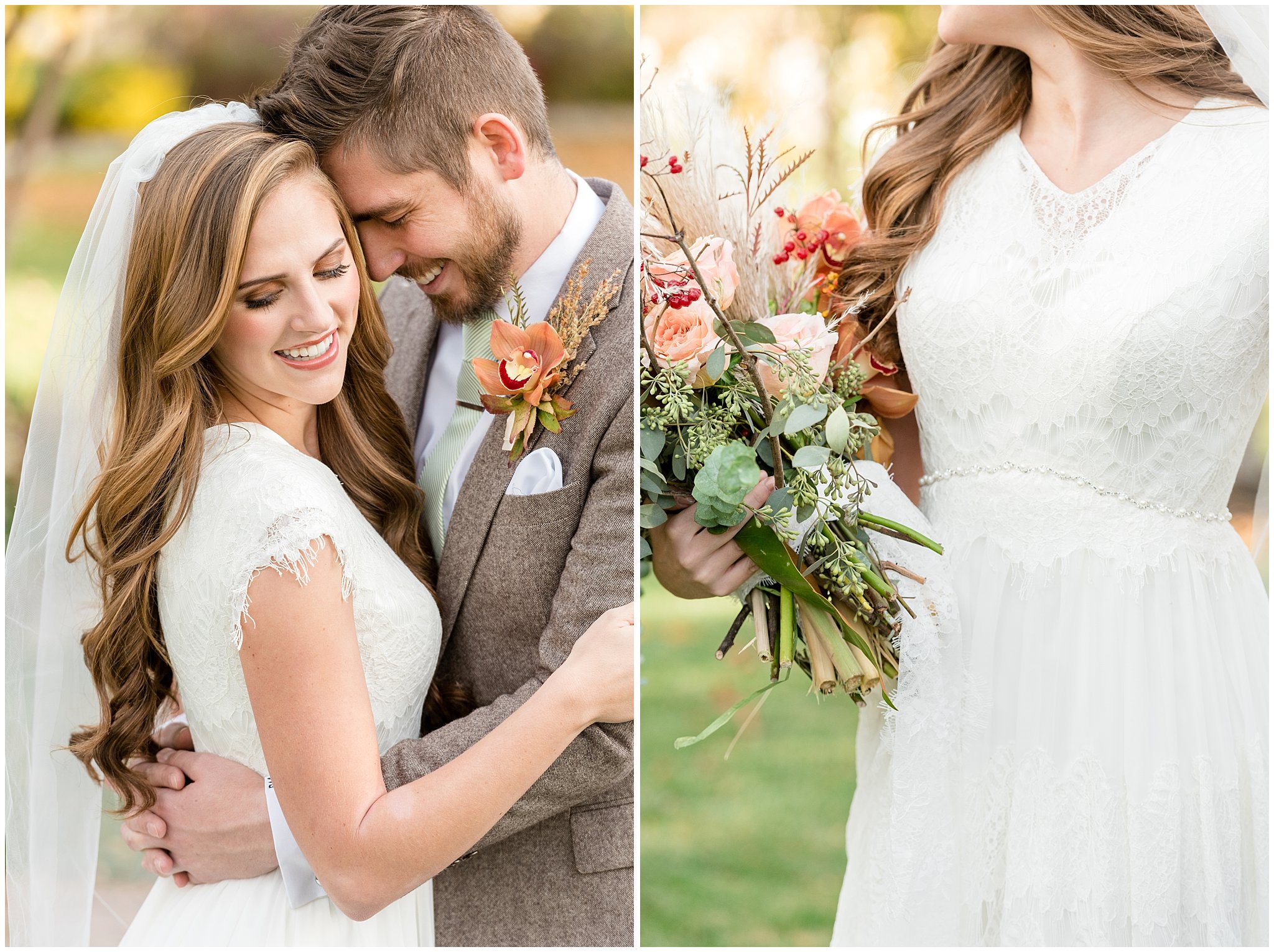 Bride and groom fall wedding with muted orange and green fall colors | Boda Bridal wedding dress and custom suit | Jessie and Dallin Photography
