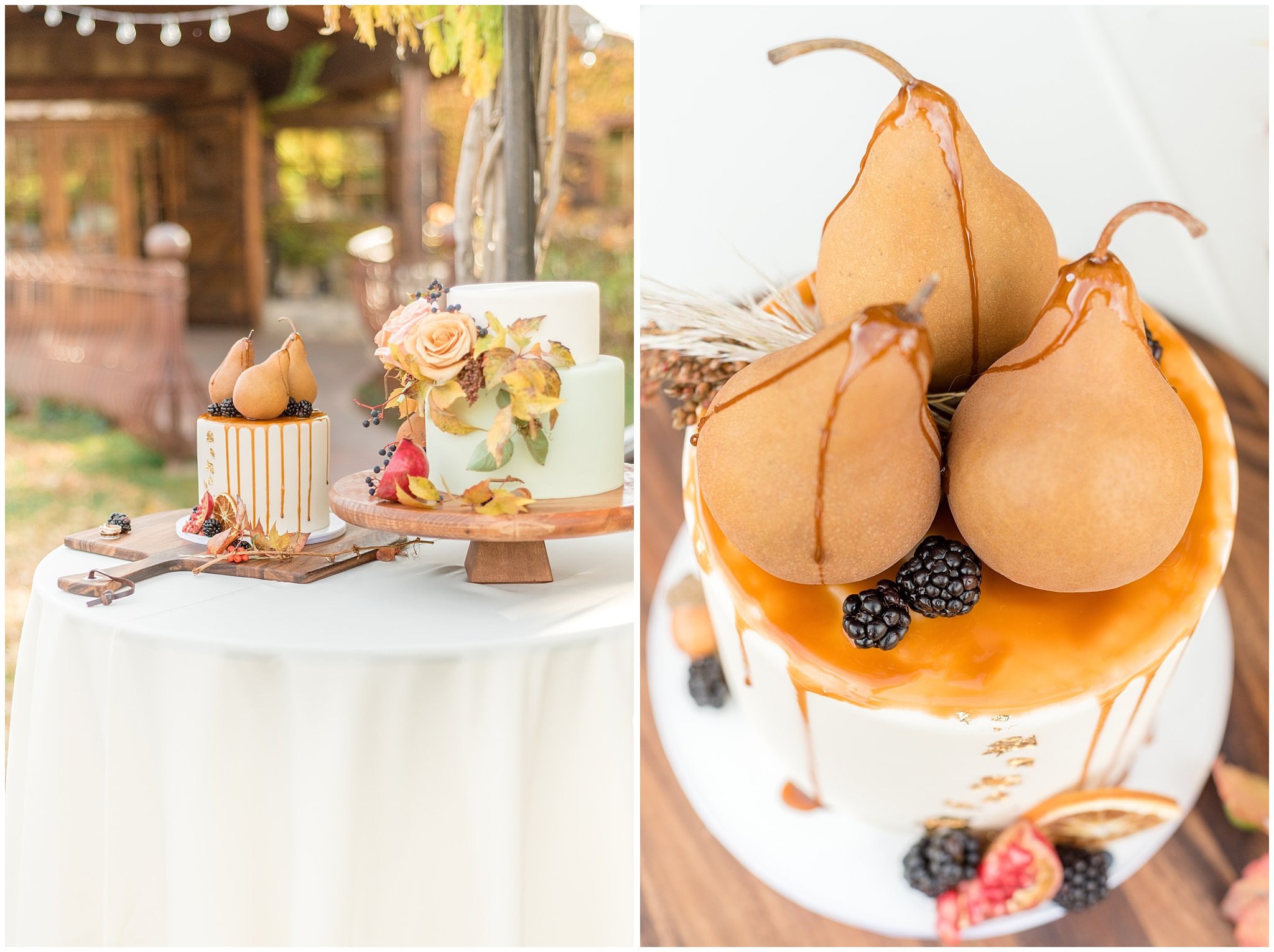 Drizzled caramel on pears, blackberries, and oranges fall wedding cake inspiration | Jessie and Dallin Photography