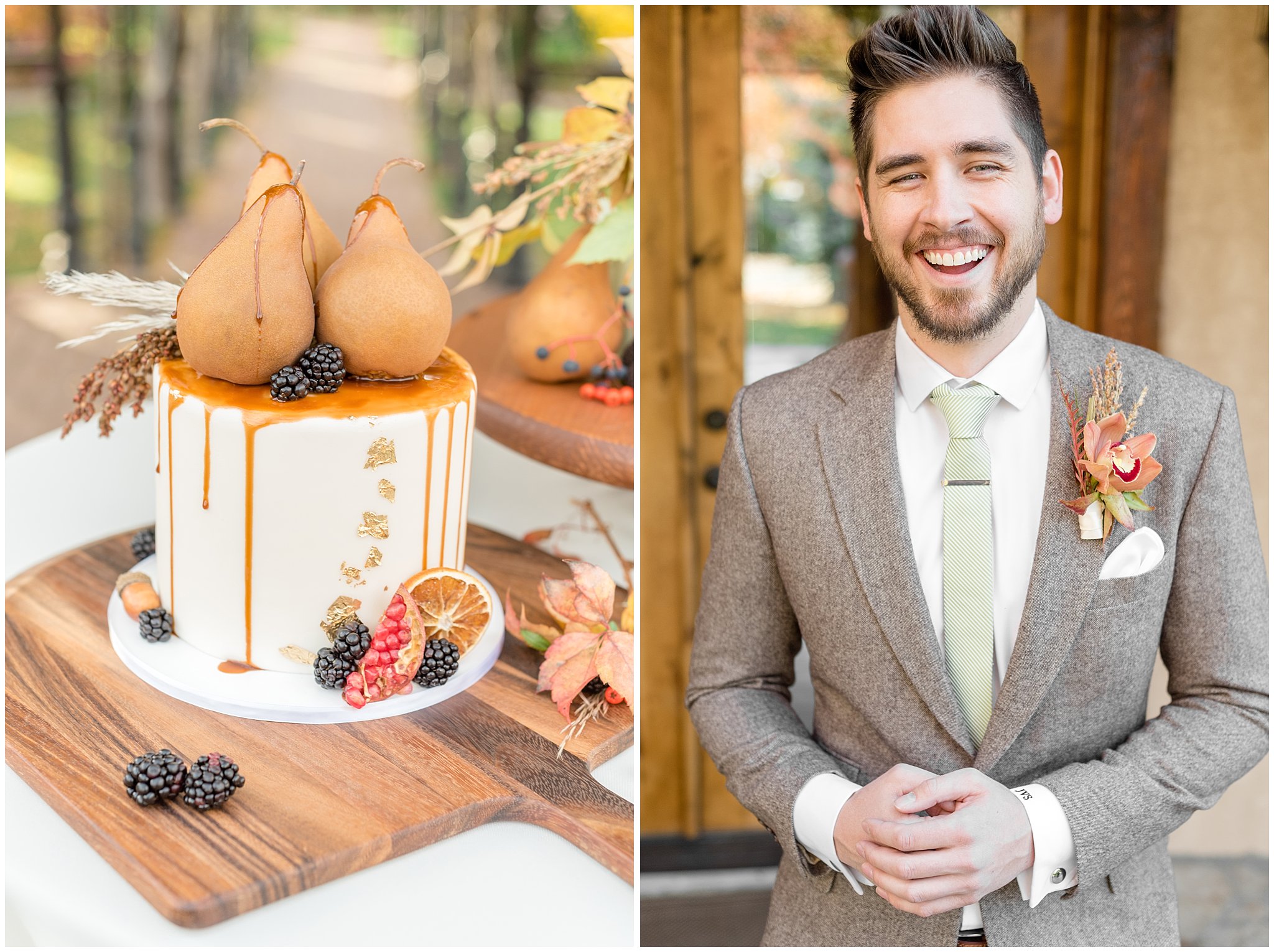 Custom fitted light brown suit with green tie | fall wedding cake with caramel and pears | Jessie and Dallin Photography