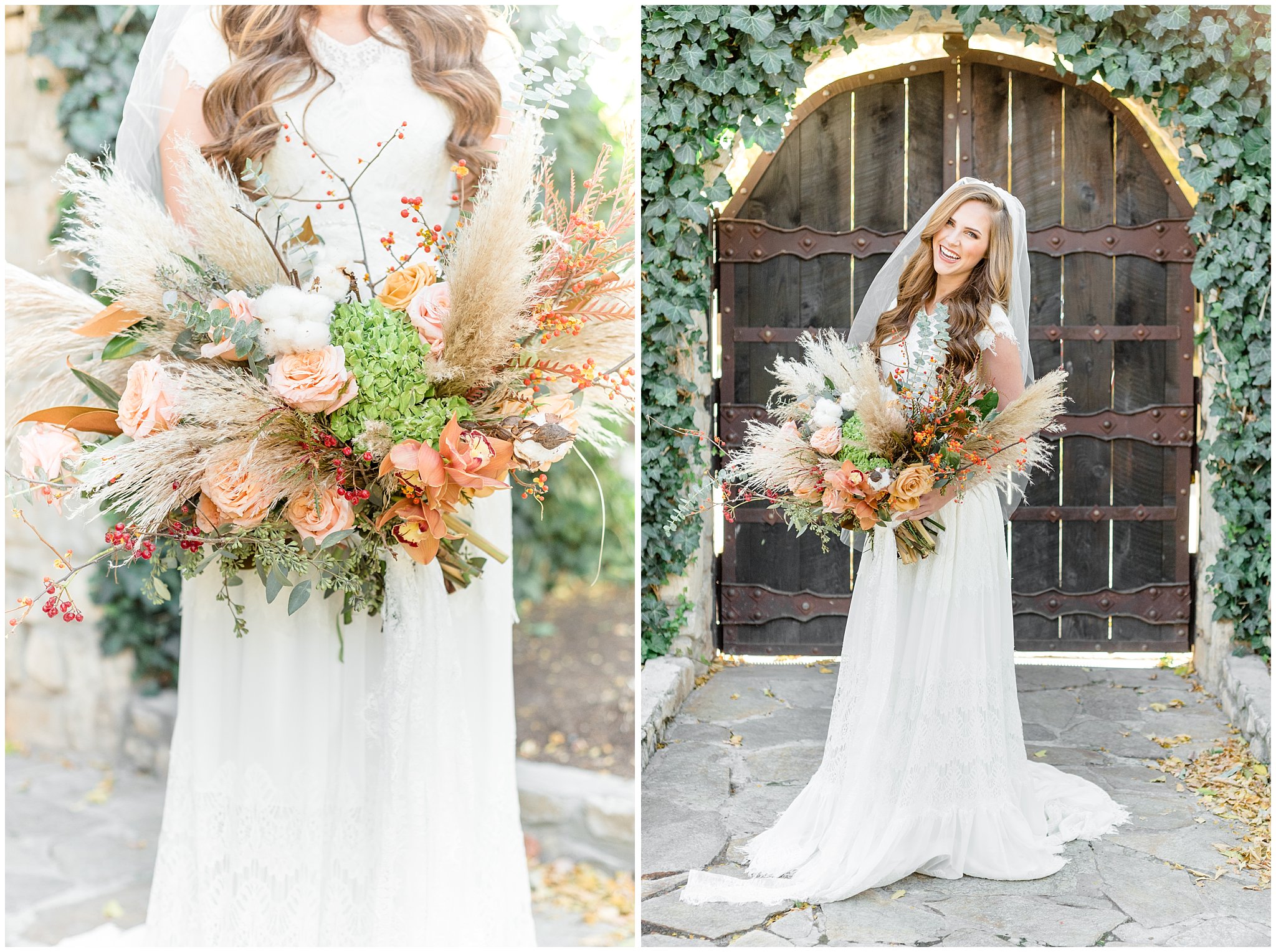 Fall wedding bouquet of orange, brown, and green | lace custom wedding dress Boda Bridal | Jessie and Dallin Photography
