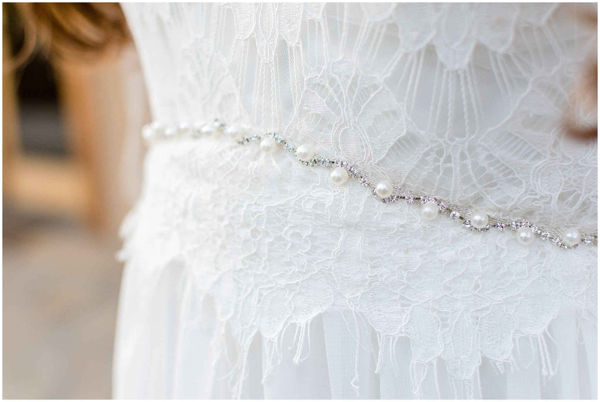 Close up of lace and bead work on Boda Bridal elegant wedding dress | Wadley Farms | Jessie and Dallin Photography