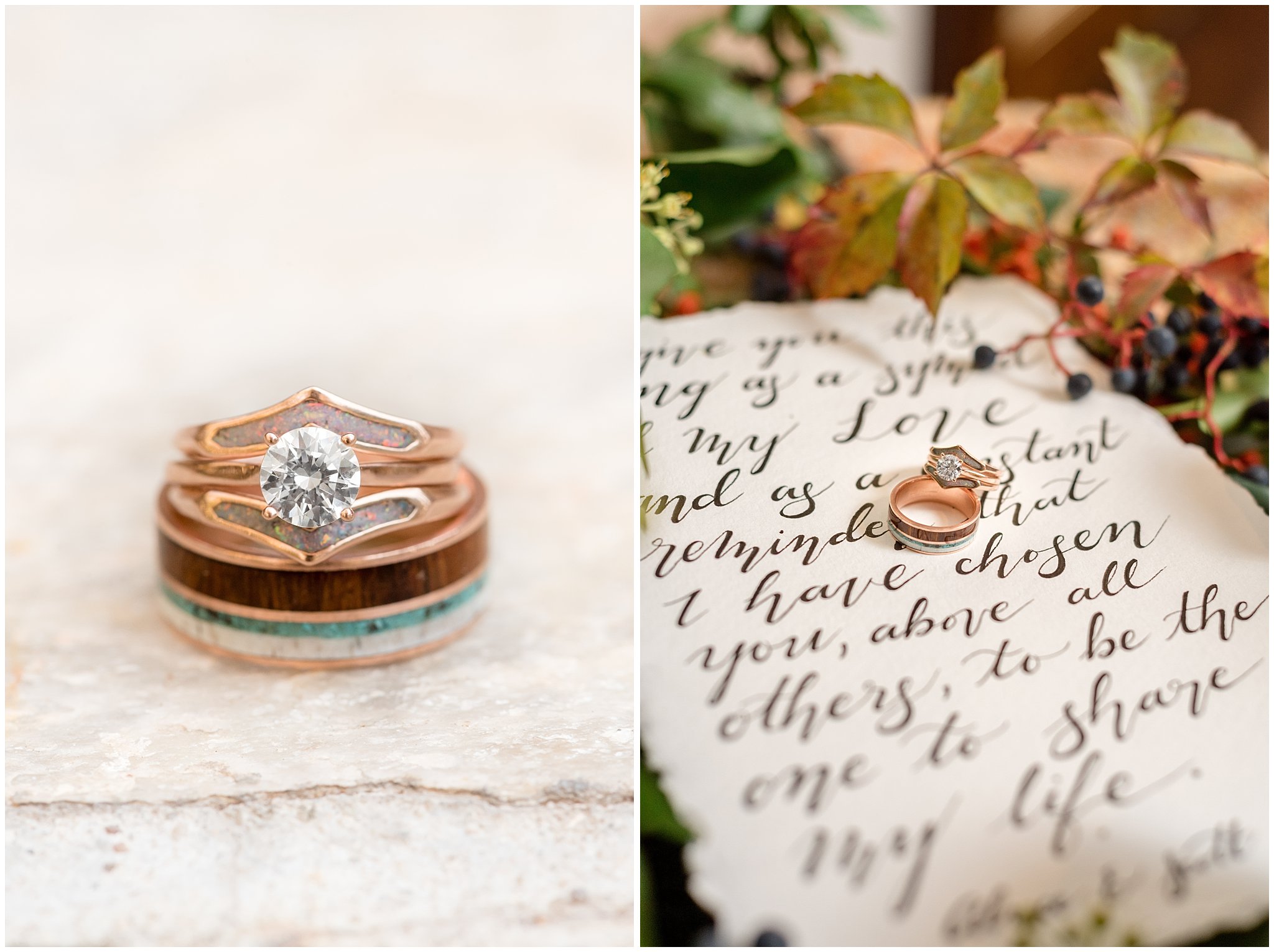 Staghead Designs custom wedding rings | Calligraphy wedding vows | Elegant Fall wedding | Wadley Farms Utah | Jessie and Dallin