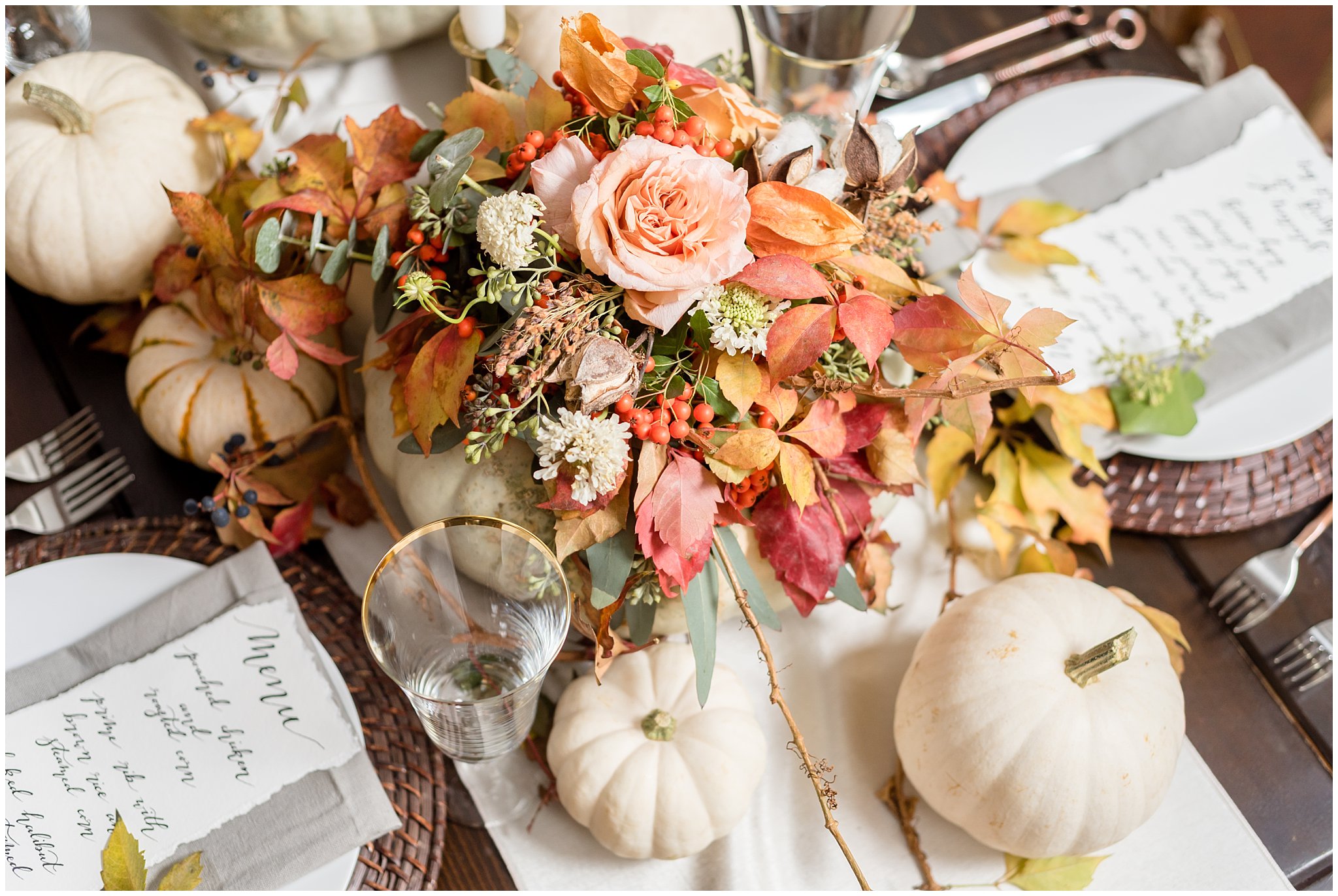 Fall pumpkin and squash elegant wedding setup and table setting ideas | Wadley Farms Elegant Fall Utah Wedding | Jessie and Dallin Photography