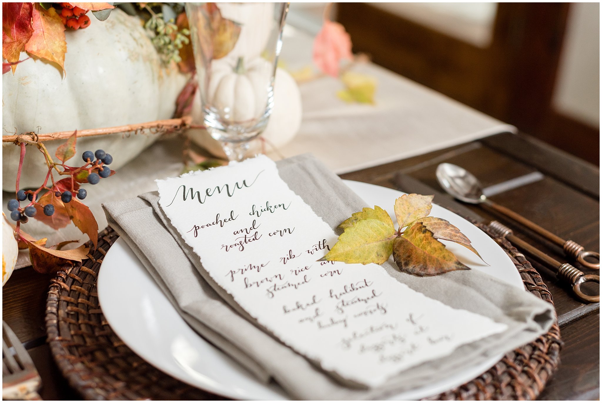 Dinner menu for fall wedding | Fall pumpkin and squash elegant wedding setup and table setting ideas | Wadley Farms Elegant Fall Utah Wedding | Jessie and Dallin Photography