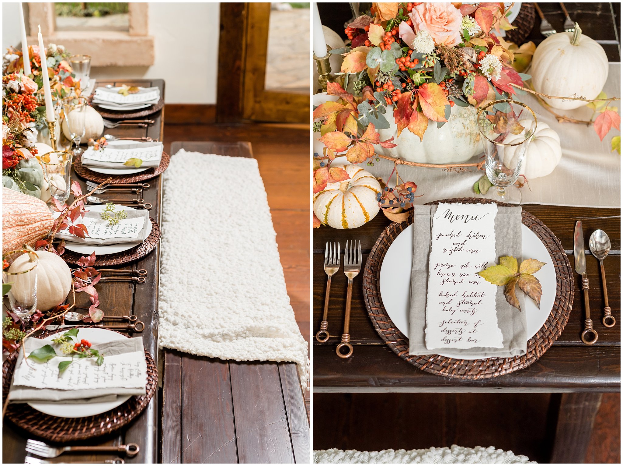 Dinner menu for fall wedding | Farmhouse table | Fall pumpkin and squash elegant wedding setup and table setting ideas | Wadley Farms Elegant Fall Utah Wedding | Jessie and Dallin Photography