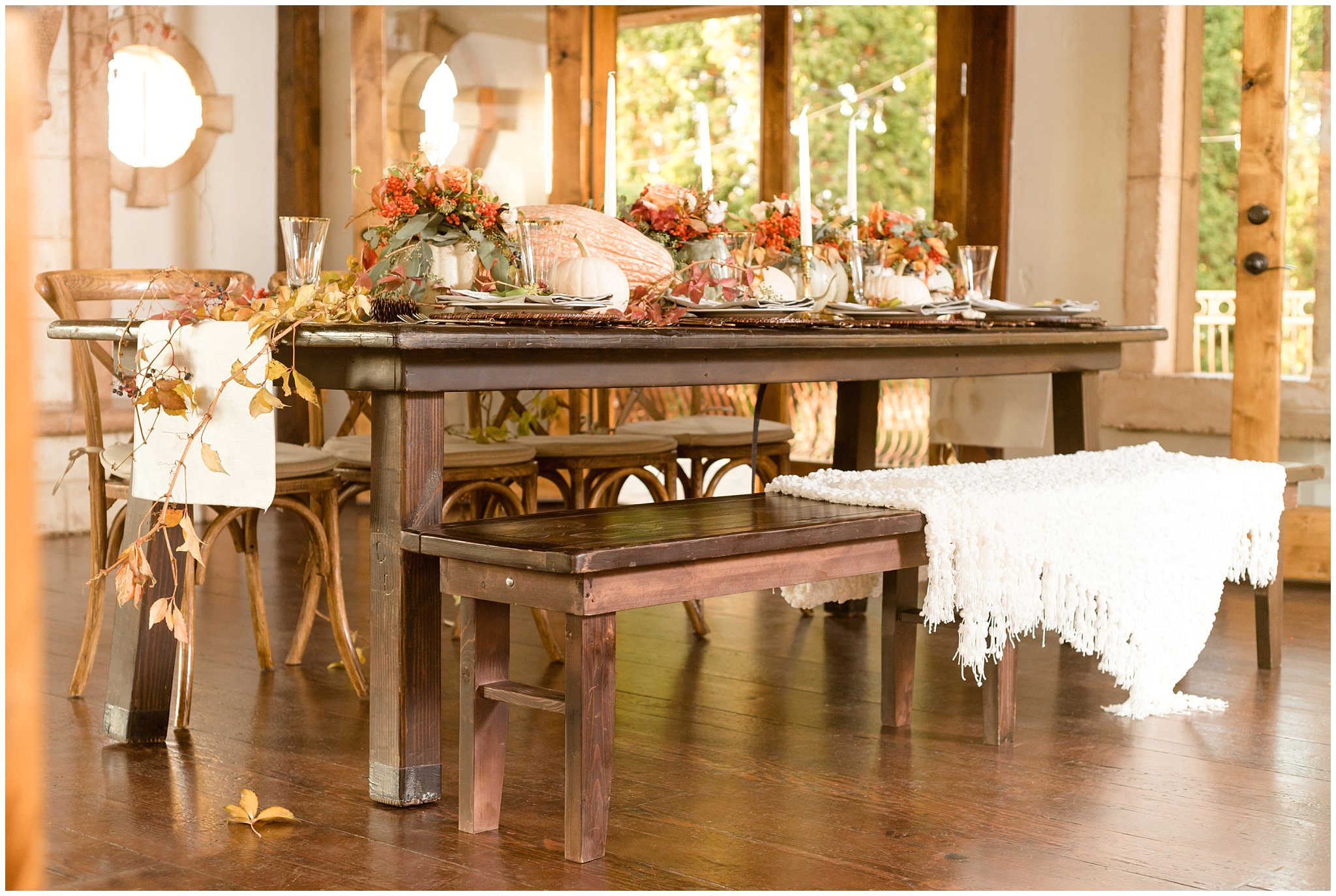 Fall pumpkin and squash on farmhouse table | elegant wedding setup and table setting ideas | Wadley Farms Elegant Fall Utah Wedding | Jessie and Dallin Photography