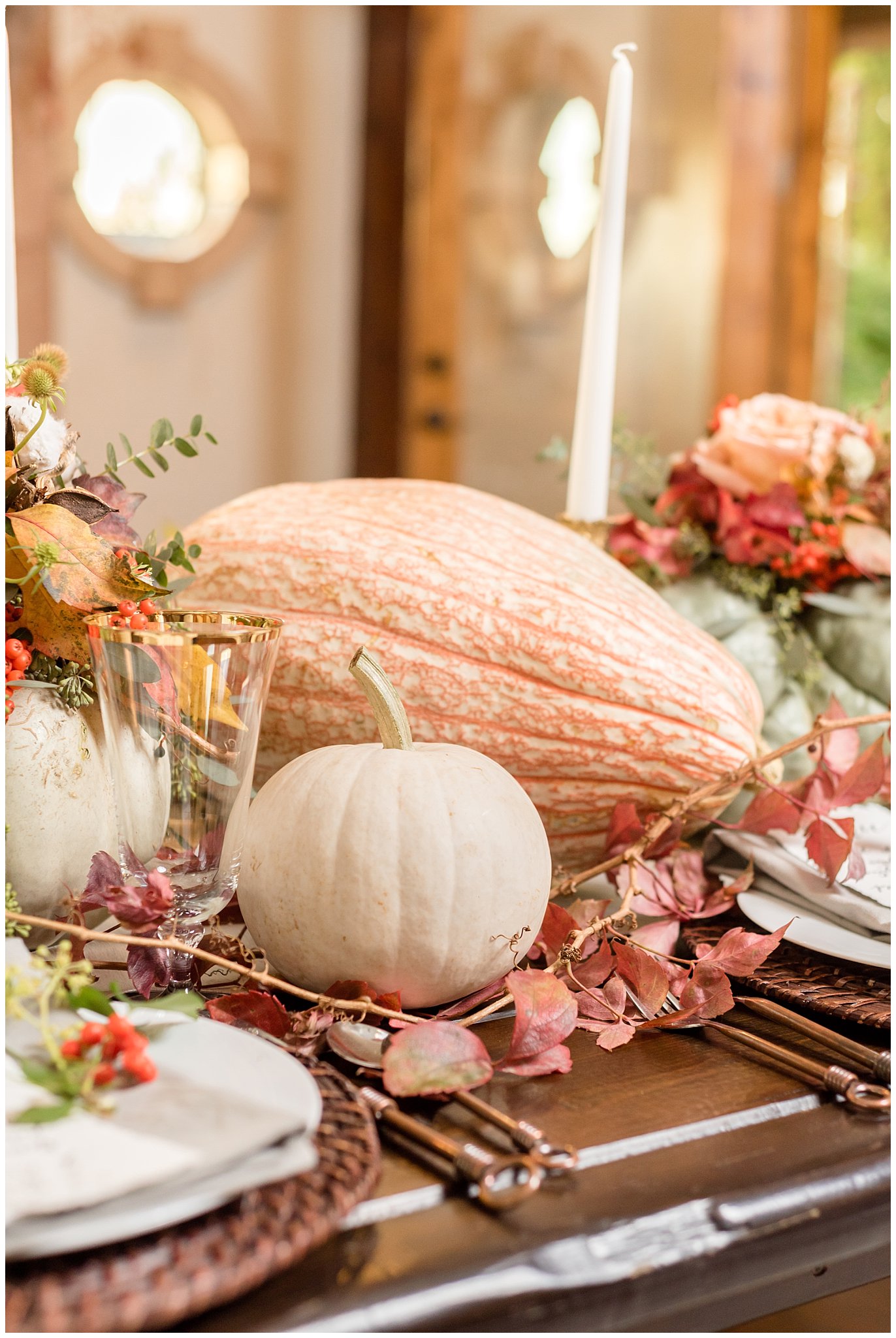 Fall pumpkin and squash on farmhouse table | elegant wedding setup and table setting ideas | Wadley Farms Elegant Fall Utah Wedding | Jessie and Dallin Photography