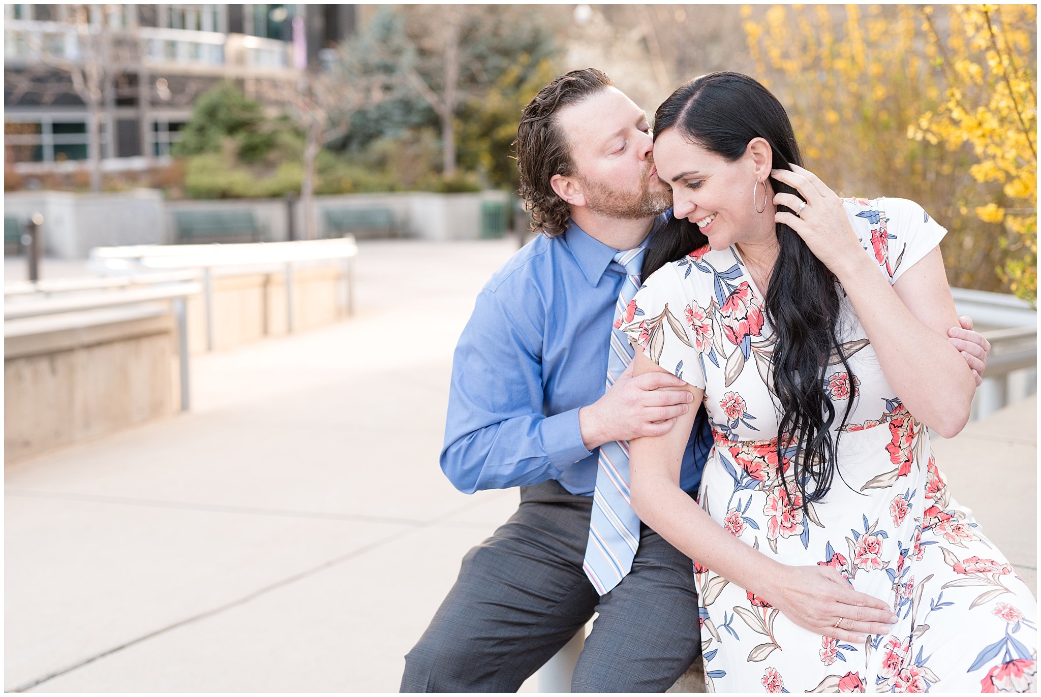Downtown Salt Lake Engagement session | Blue shirt and tie, floral dress