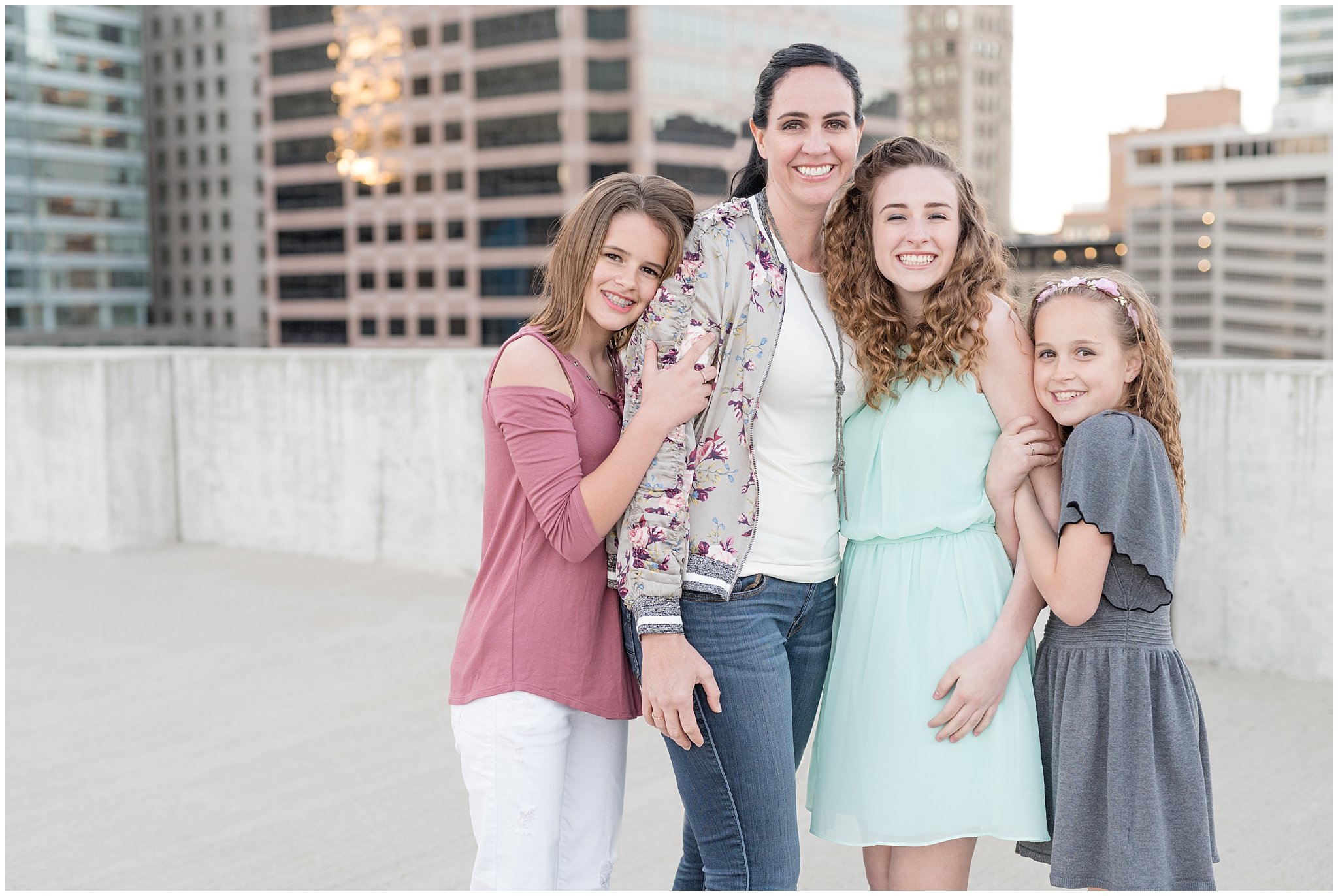Downtown Salt Lake urban family session | Mom and daughters on rooftop
