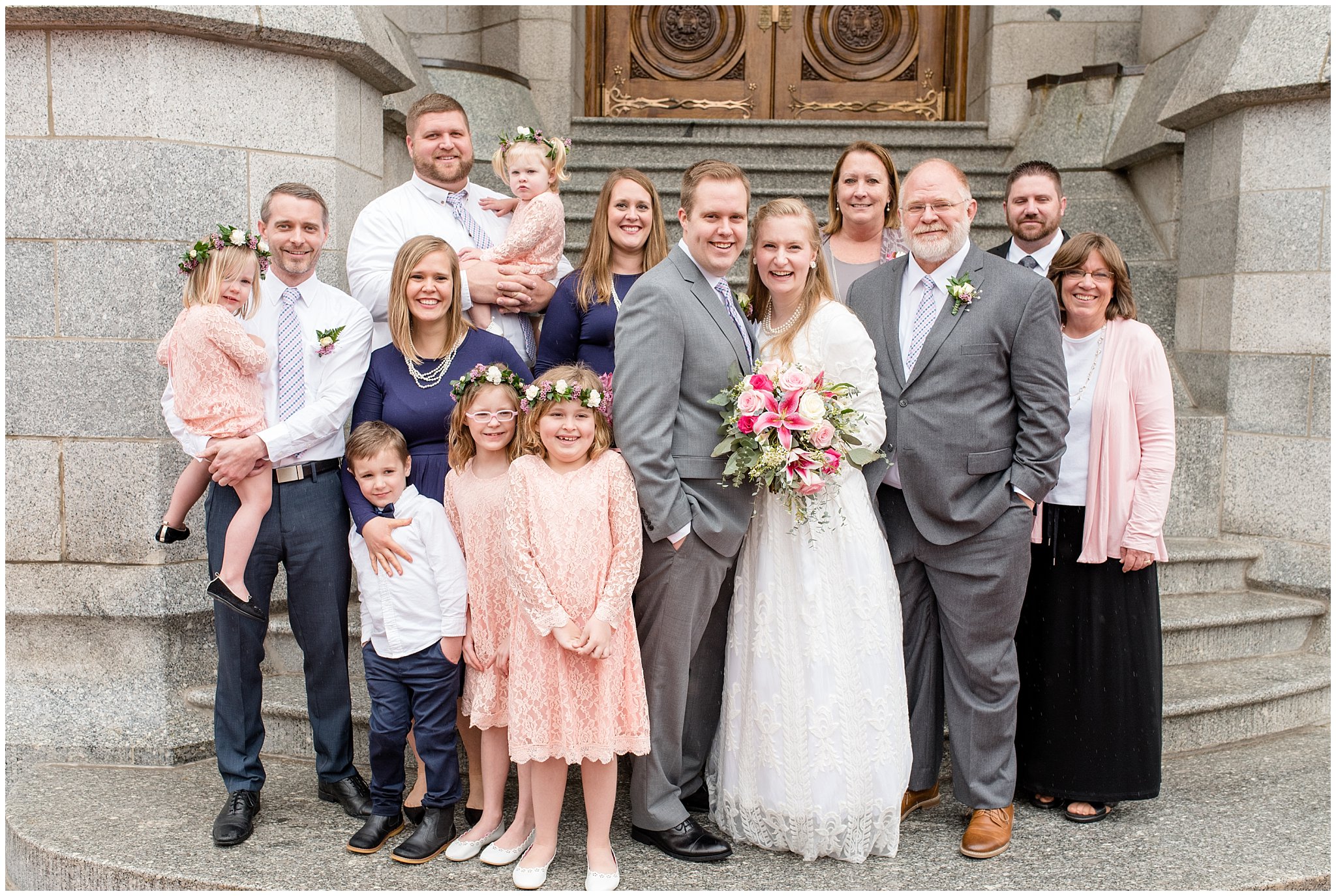 Salt Lake temple family group pictures | spring utah wedding | rose, raspberry, and navy wedding
