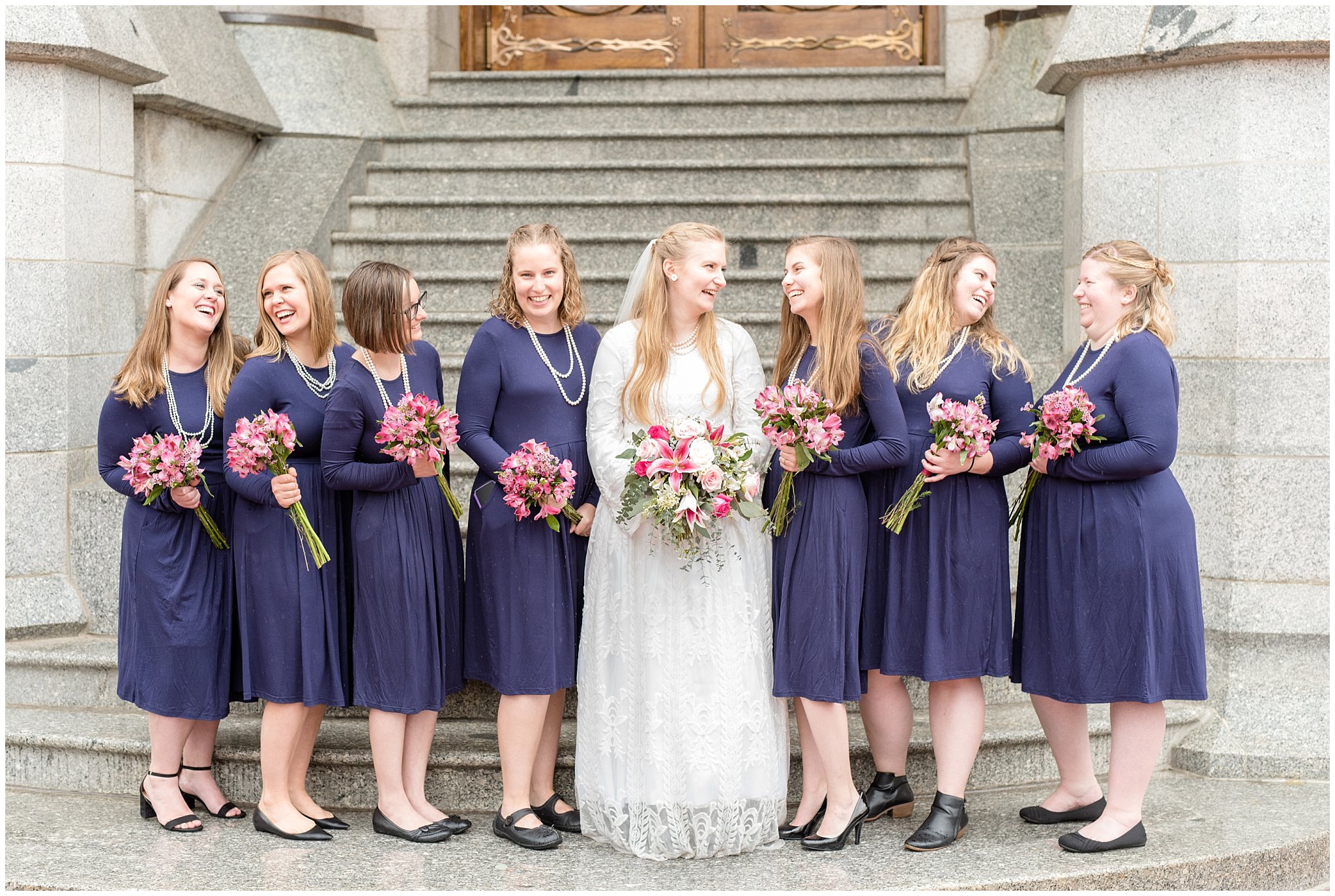Salt Lake temple bridal party pictures | spring utah wedding | rose, raspberry, and navy wedding