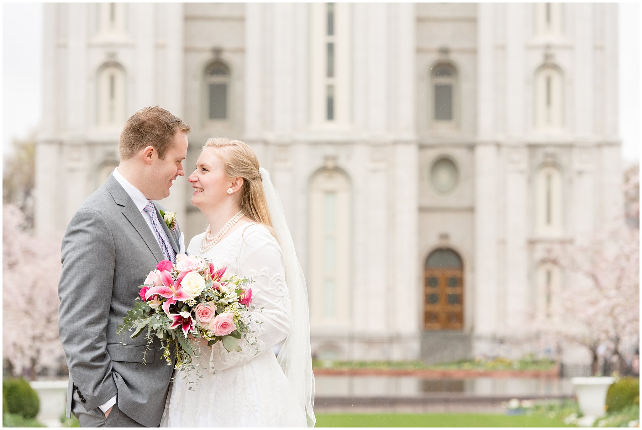 Salt Lake temple bride and groom pictures | Spring Utah LDS wedding | Rose, raspberry, and navy wedding