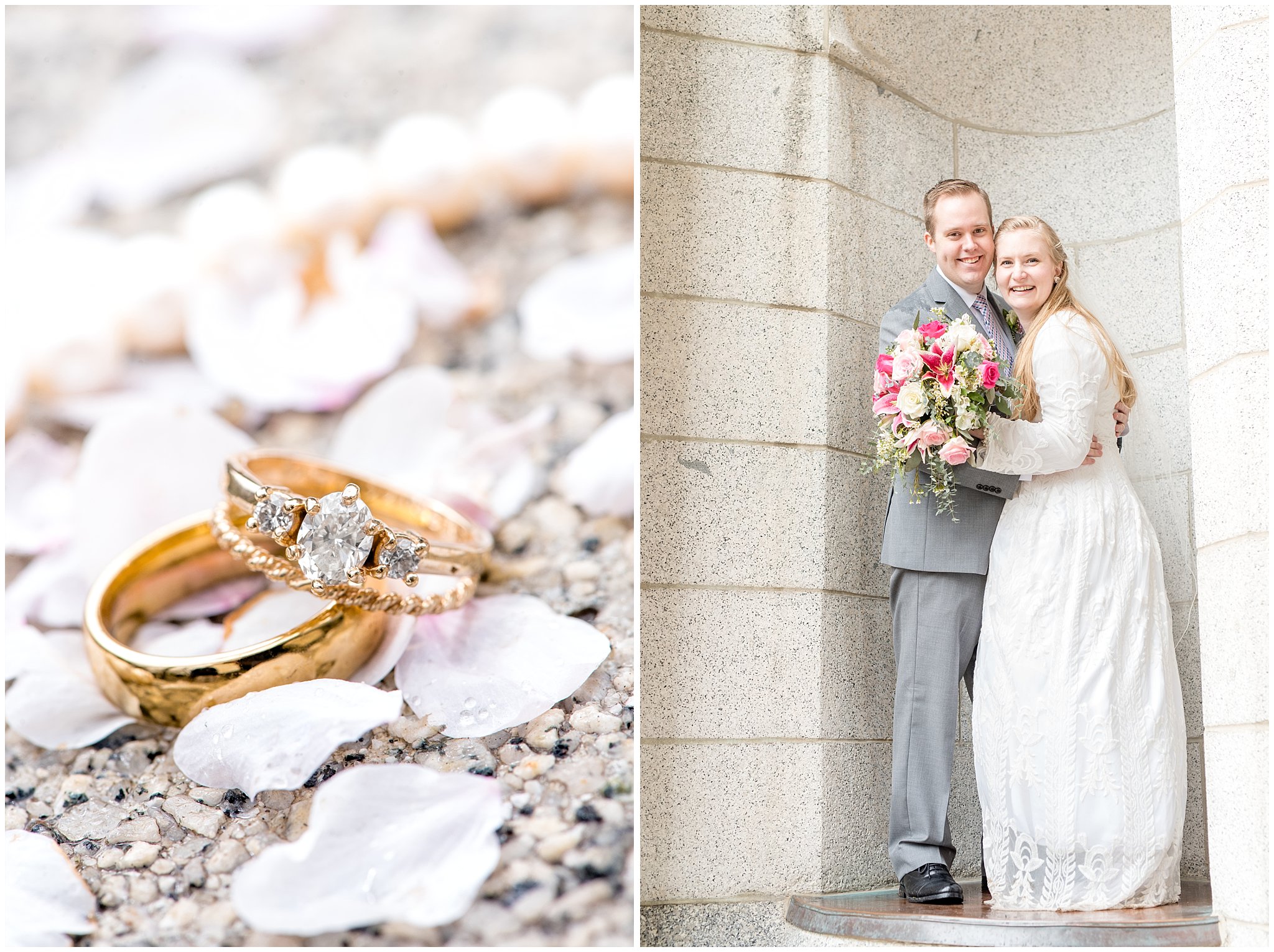 Salt Lake temple bride and groom pictures | Spring Utah LDS wedding | Rose, raspberry, and navy wedding | Blossoms ring shot