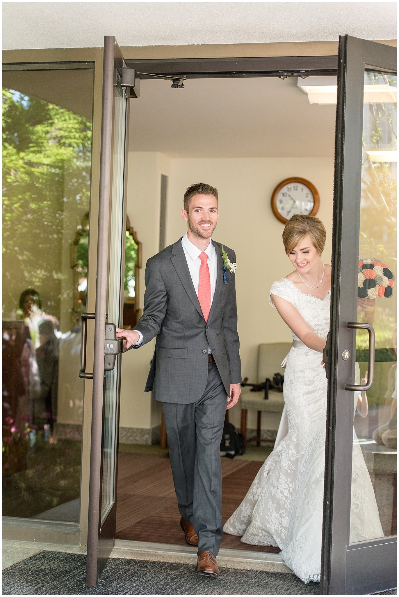 Salt Lake Temple bride and groom exit | Coral and grey spring wedding