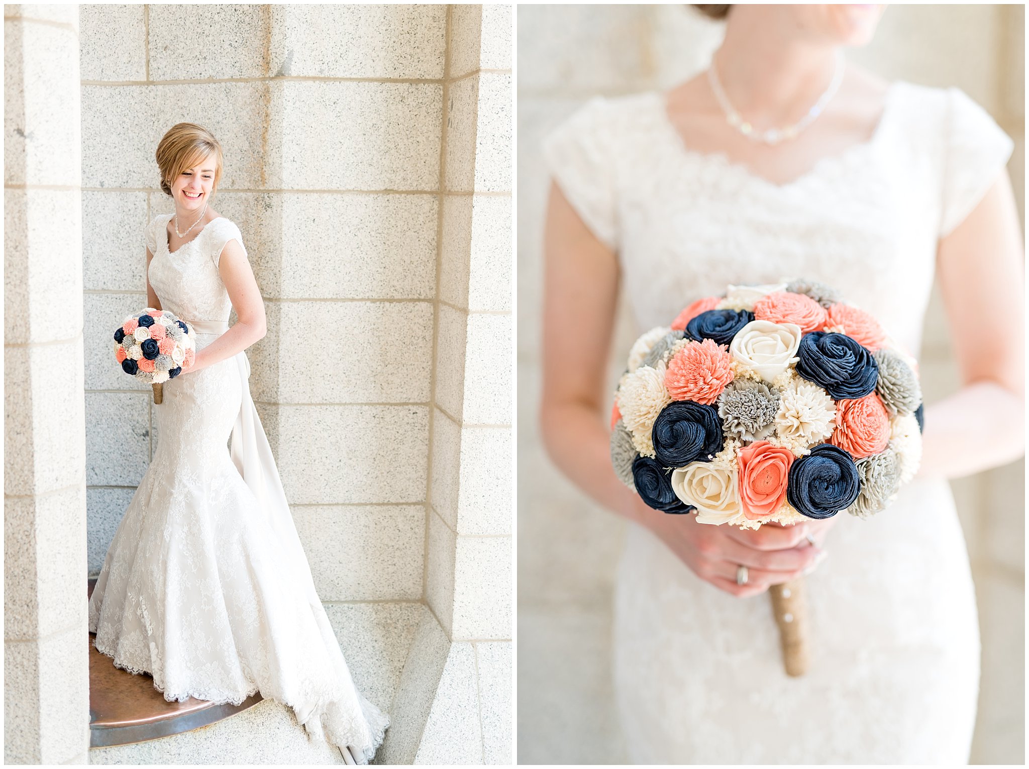 Salt Lake Temple spring wedding | Coral and grey wedding | Bride and groom pictures in the alcove