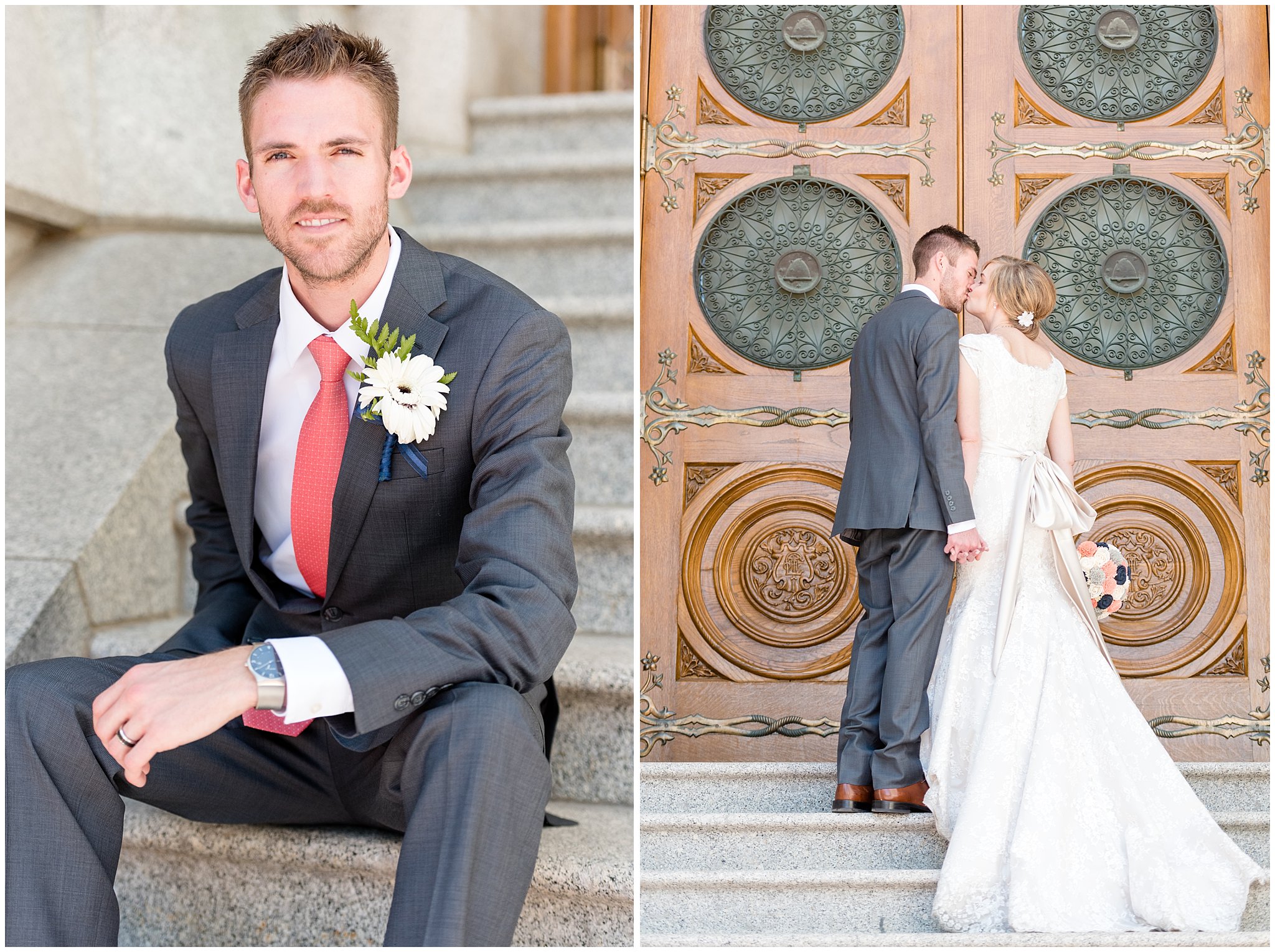 Salt Lake Temple spring wedding | Coral and grey wedding | Bride and groom pictures on the stairs