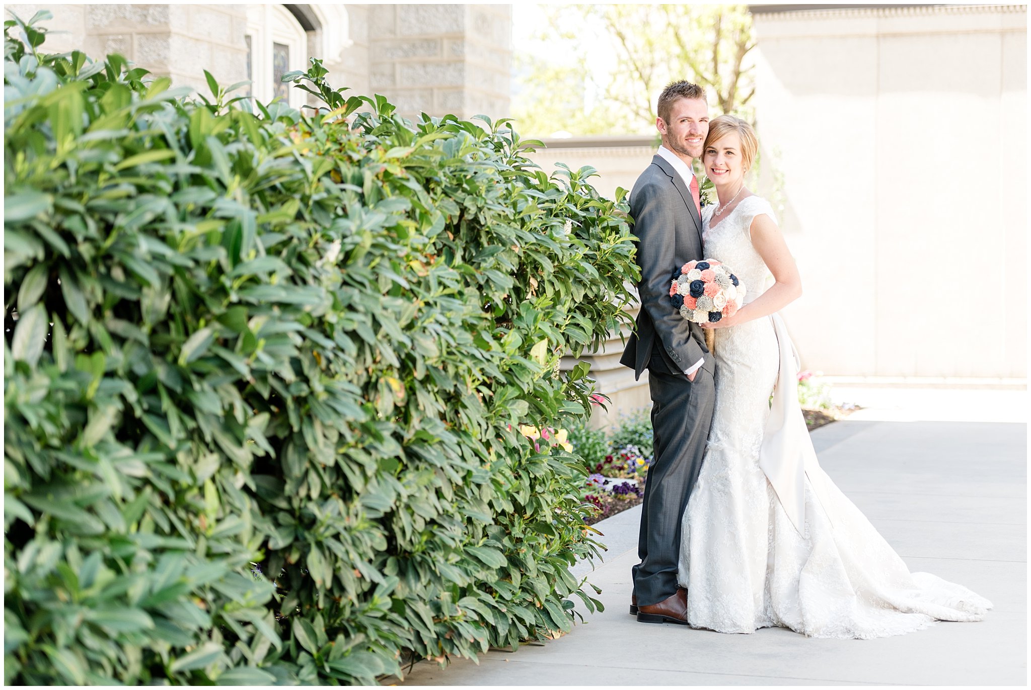 Salt Lake Temple spring wedding | Coral and grey wedding | Bride and groom pictures at the temple