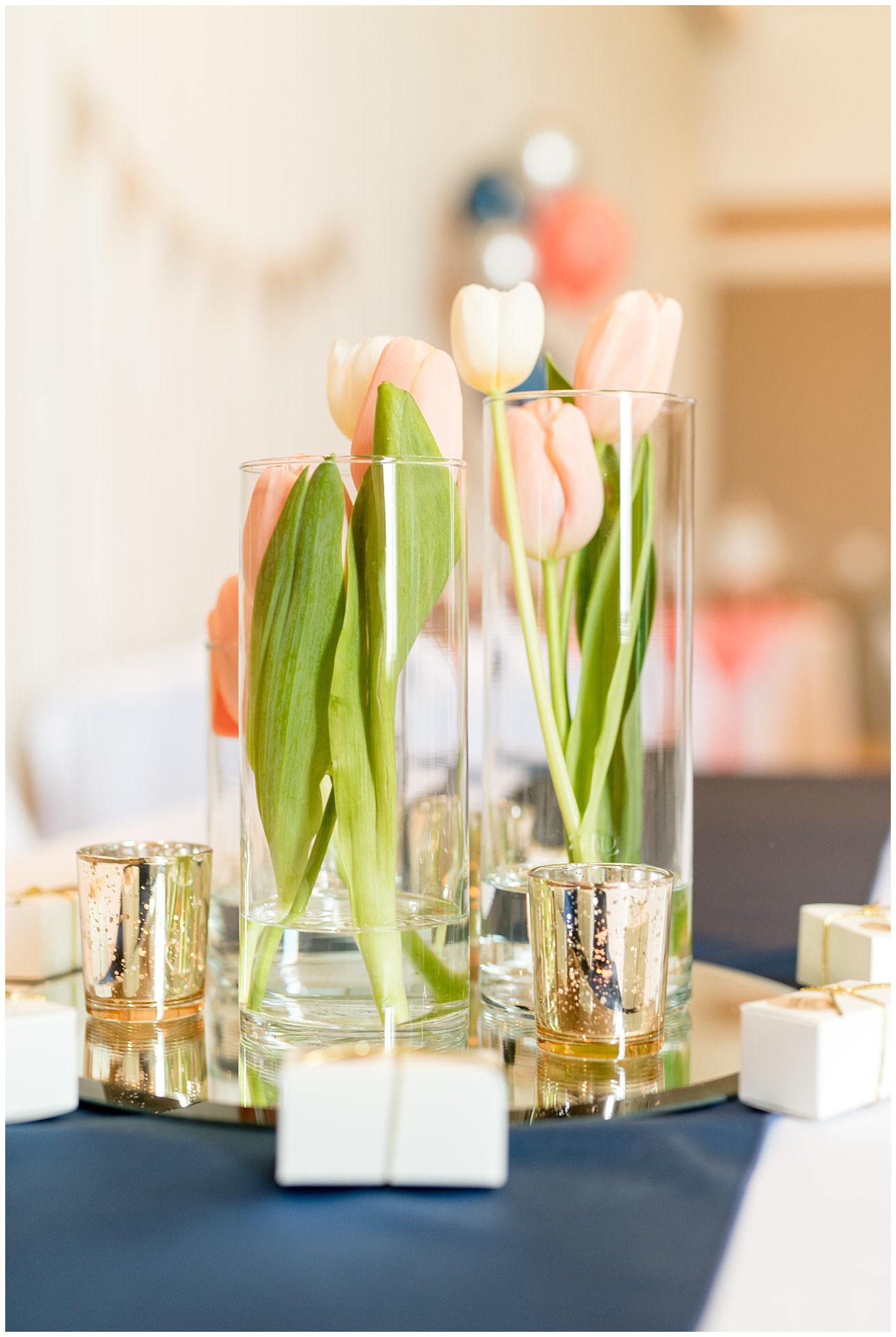LDS wedding luncheon | tulip center pieces | coral and grey wedding