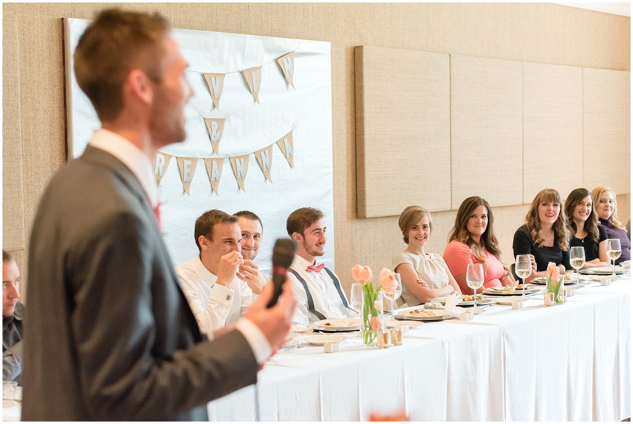 LDS wedding luncheon | Bride and groom sweethearts table toasts | coral and grey wedding