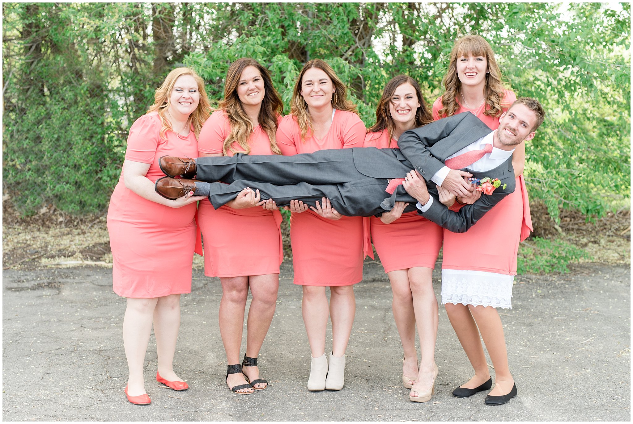 Salt Lake reception | Bridesmaids lifting groom | Coral and grey wedding