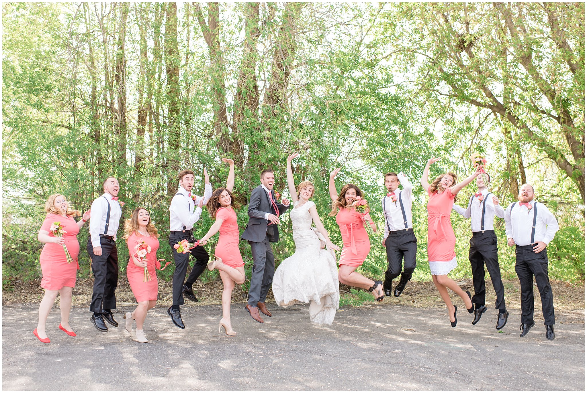 Salt Lake spring reception | bridal party jumping | coral and grey wedding